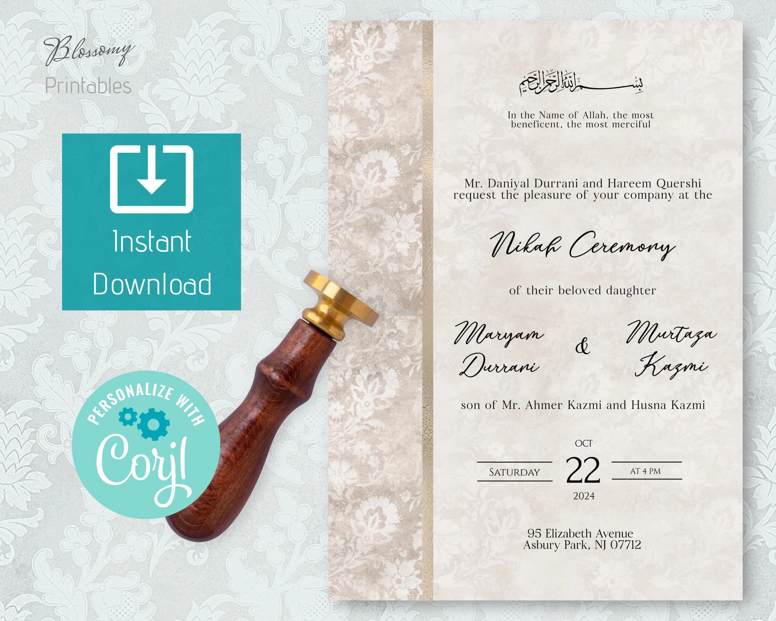 Editable Islamic Wedding Invitation, Nikah Invitation RoseGold, Walima, Muslim Wedding Invitation, Nikkah Invite Template, Islamic Evite - image 4
