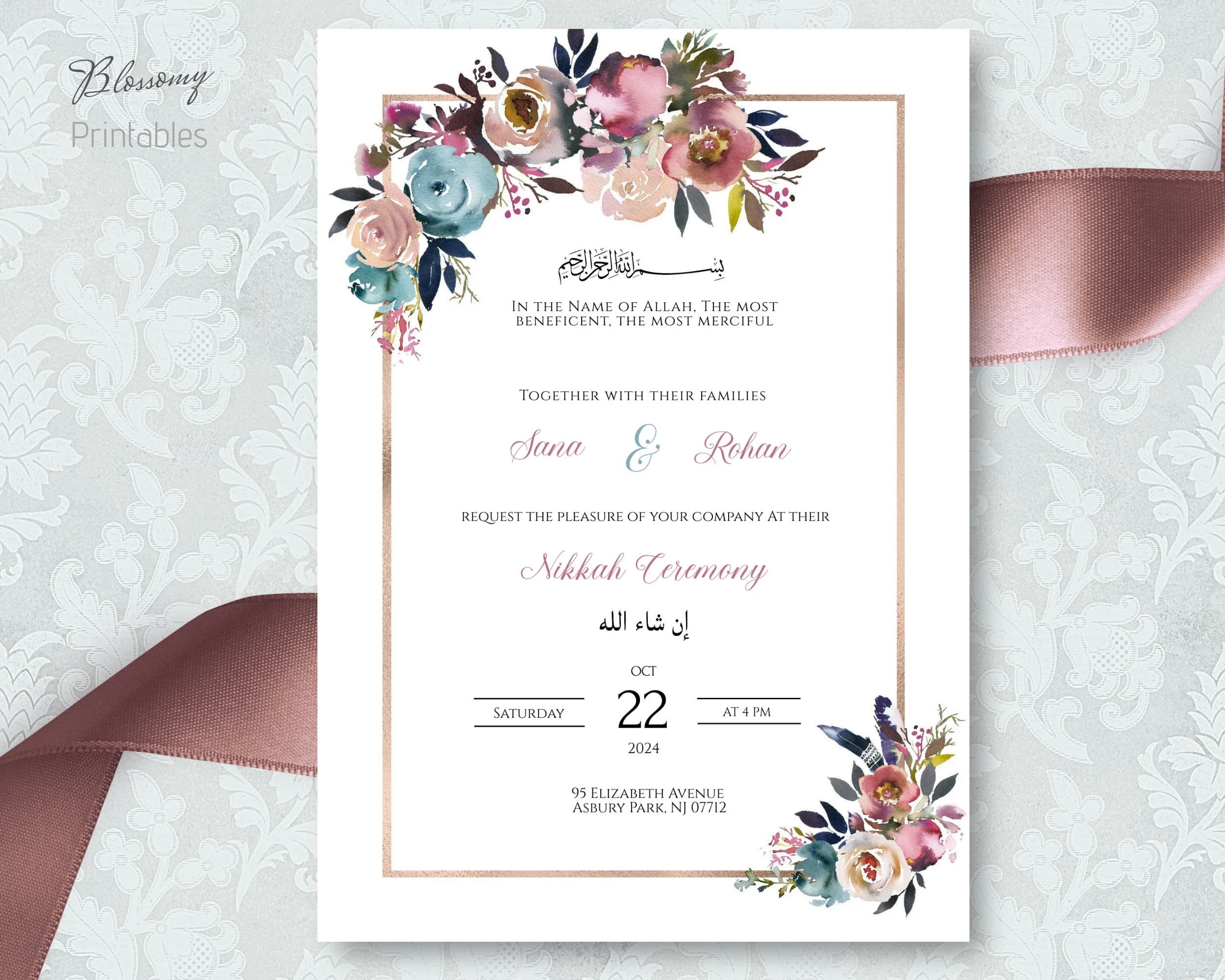 Nikah Invitation Blush Pink, Muslim Wedding Invitation, Islamic Wedding Invitation, Nikkah Invite Template, Rose gold Nikah invite