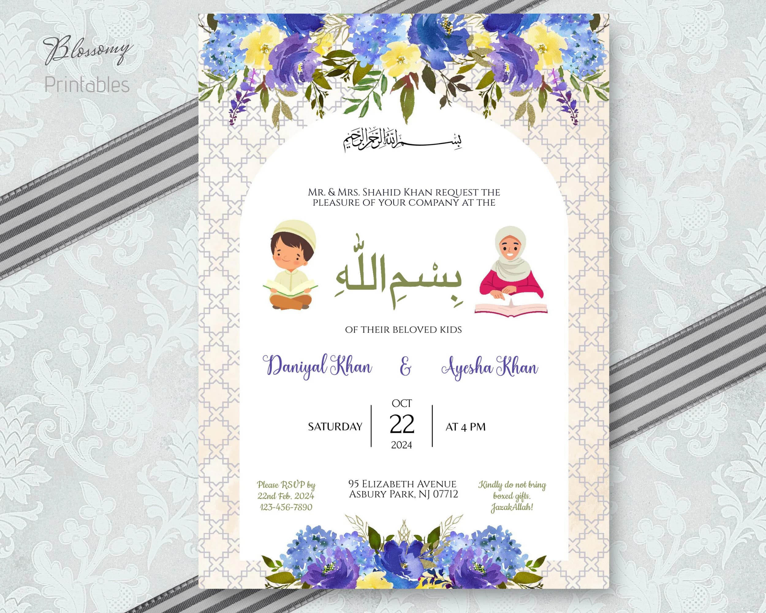 Bismillah Invitation Boy & Girl, Blue Bismillah Invite Card, Muslim Kids Invite, Muslim Bismillah Invitation, Islamic Beginning of Quran