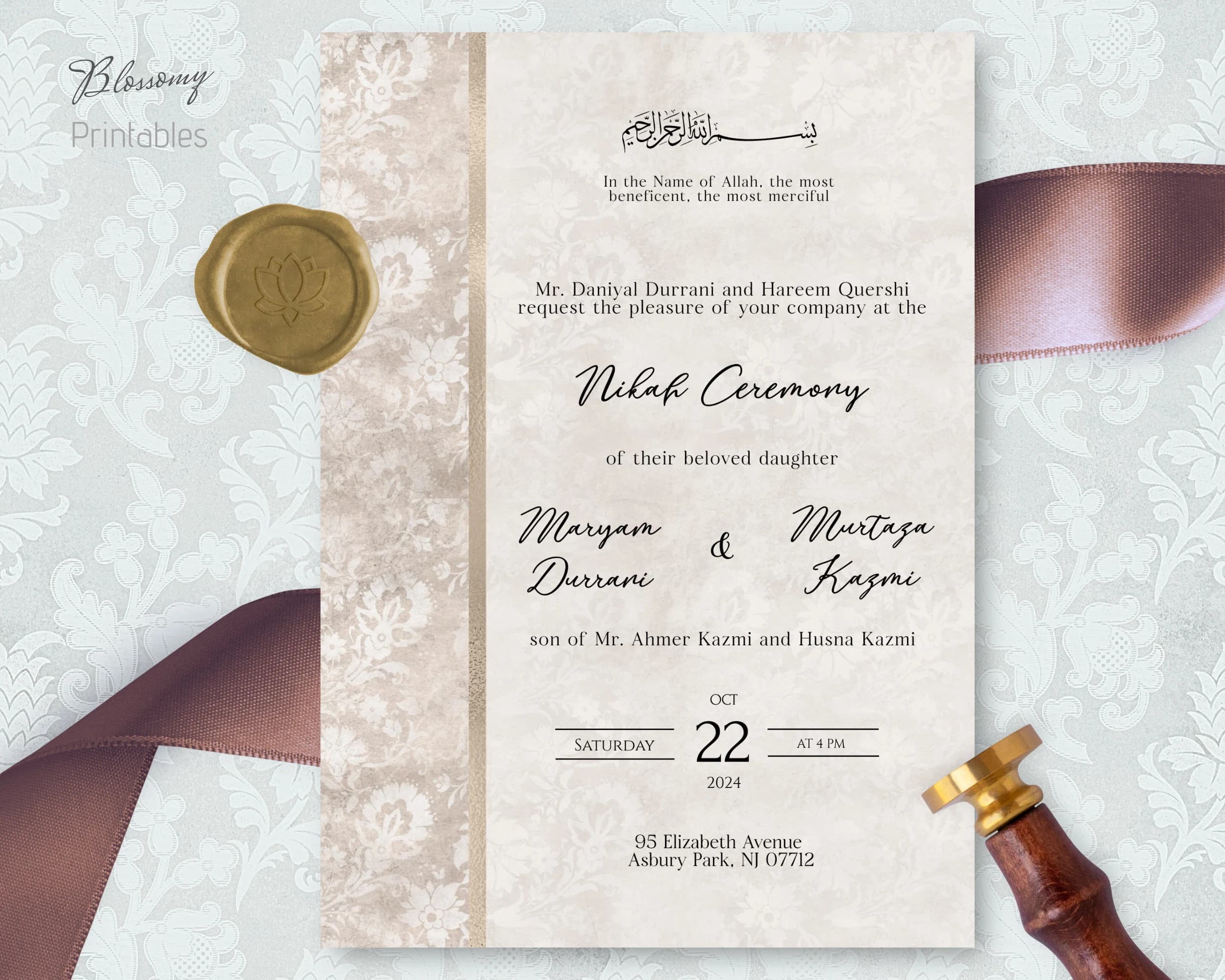 Editable Islamic Wedding Invitation, Nikah Invitation RoseGold, Walima, Muslim Wedding Invitation, Nikkah Invite Template, Islamic Evite