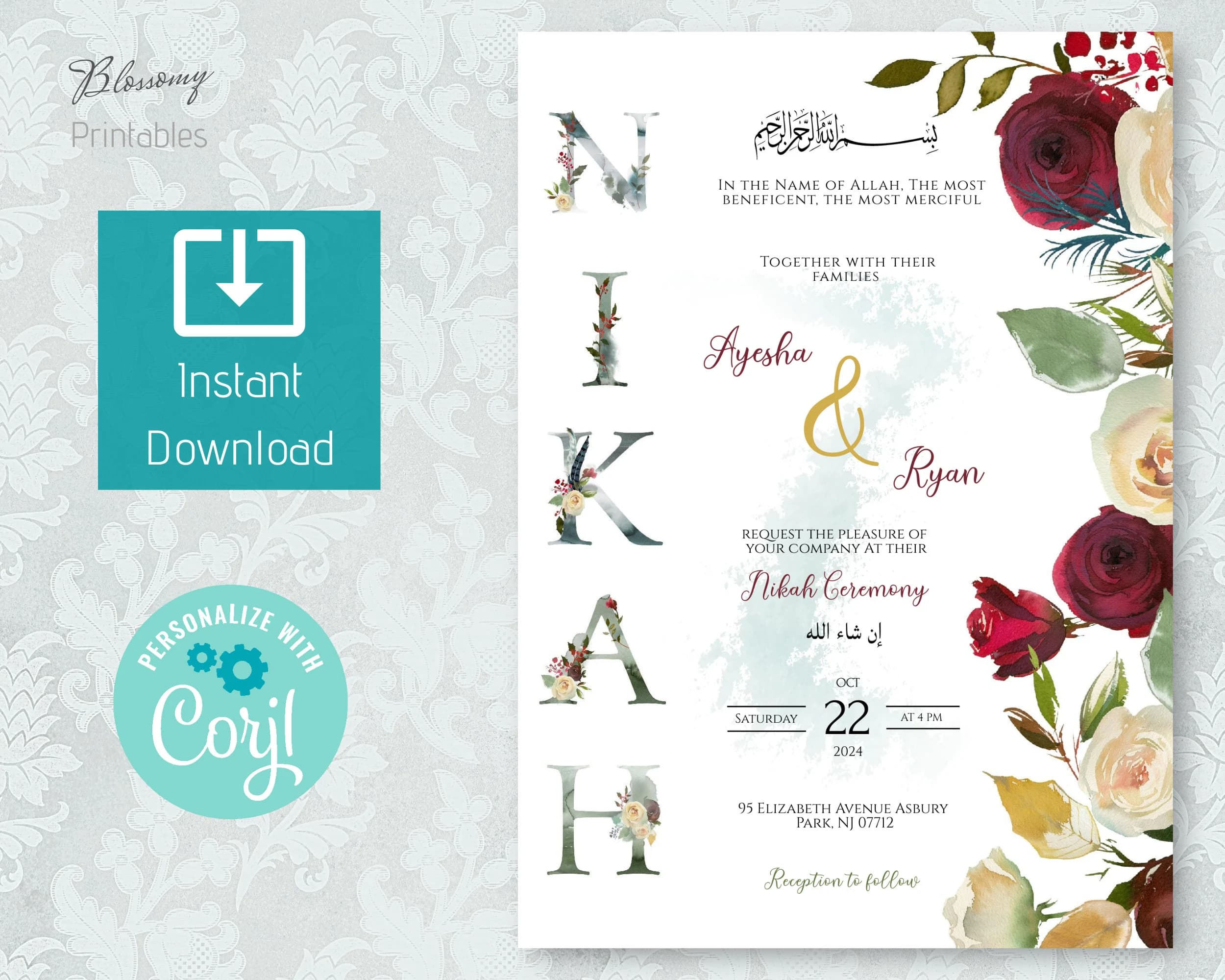 Muslim Nikkah Invitation, Muslim Wedding Invitation Burgundy, Islamic Wedding Invitation, Nikkah Invite Template, Desi Wedding digital - image 4