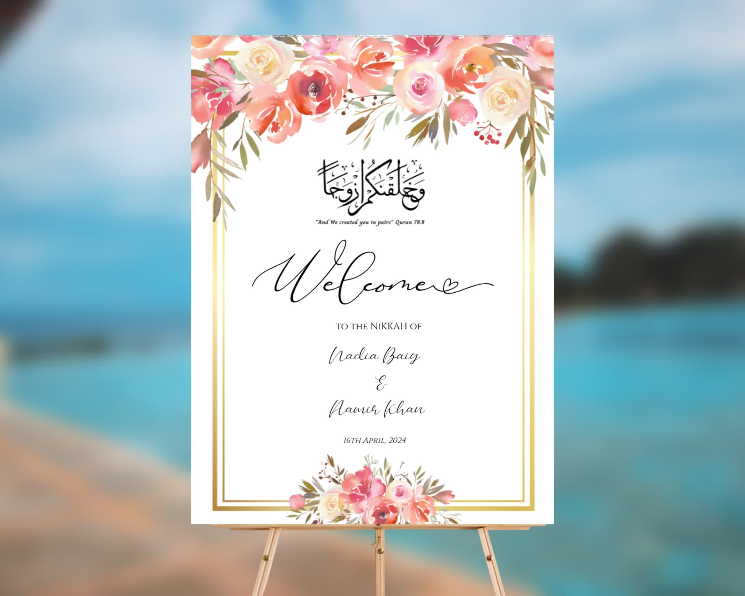 Nikkah Sign, Nikah Welcome Sign Peach, Muslim Nikkah Welcome Sign template, Muslim Wedding Sign, Islamic Wedding Welcome Sign, Editable - image 3