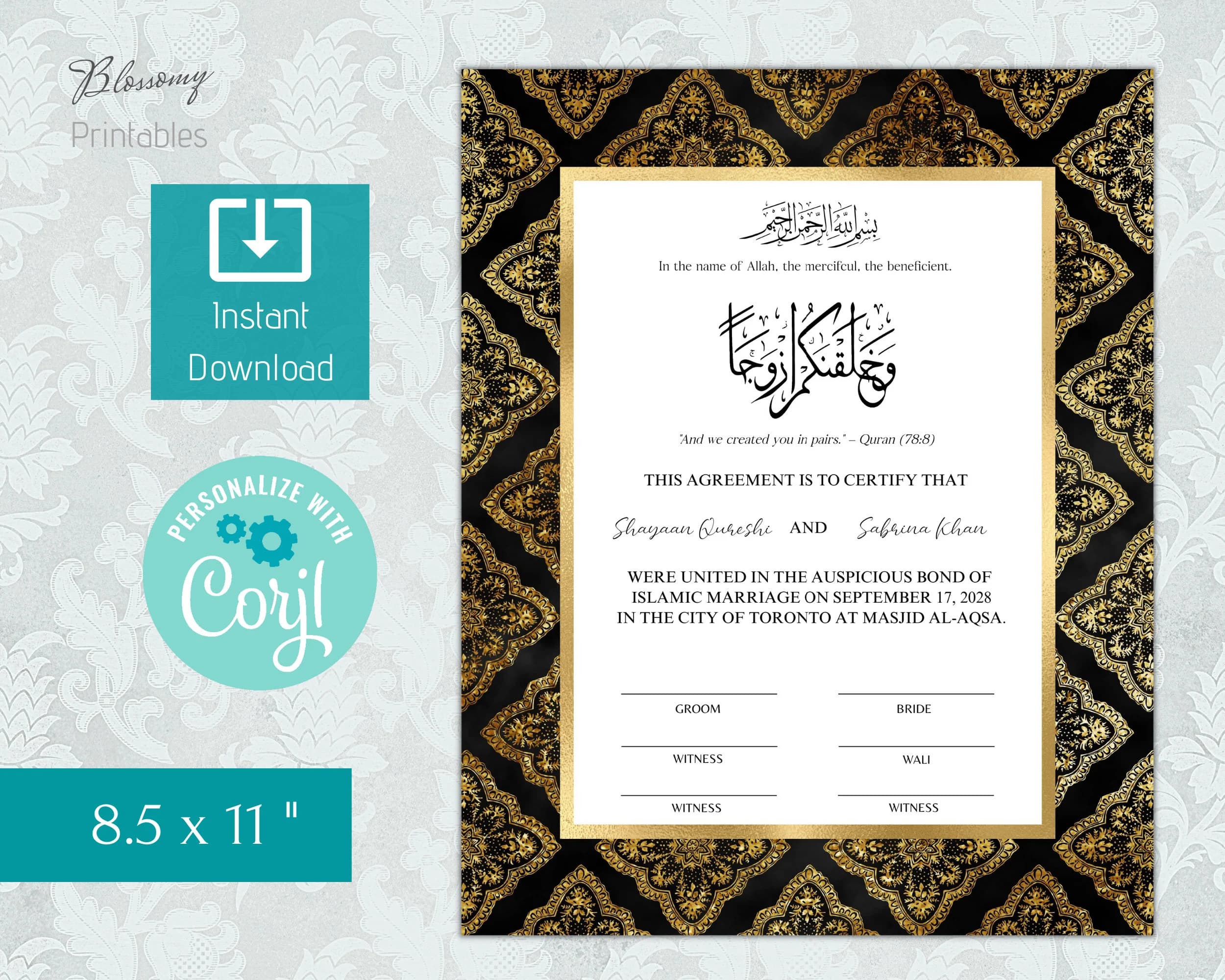 Personalizable Nikah Certificate Luxury Black Gold, Muslim Nikkah Contract, Digital Nikah Contract, Nikahnama, Islamic Wedding Certificate - image 5