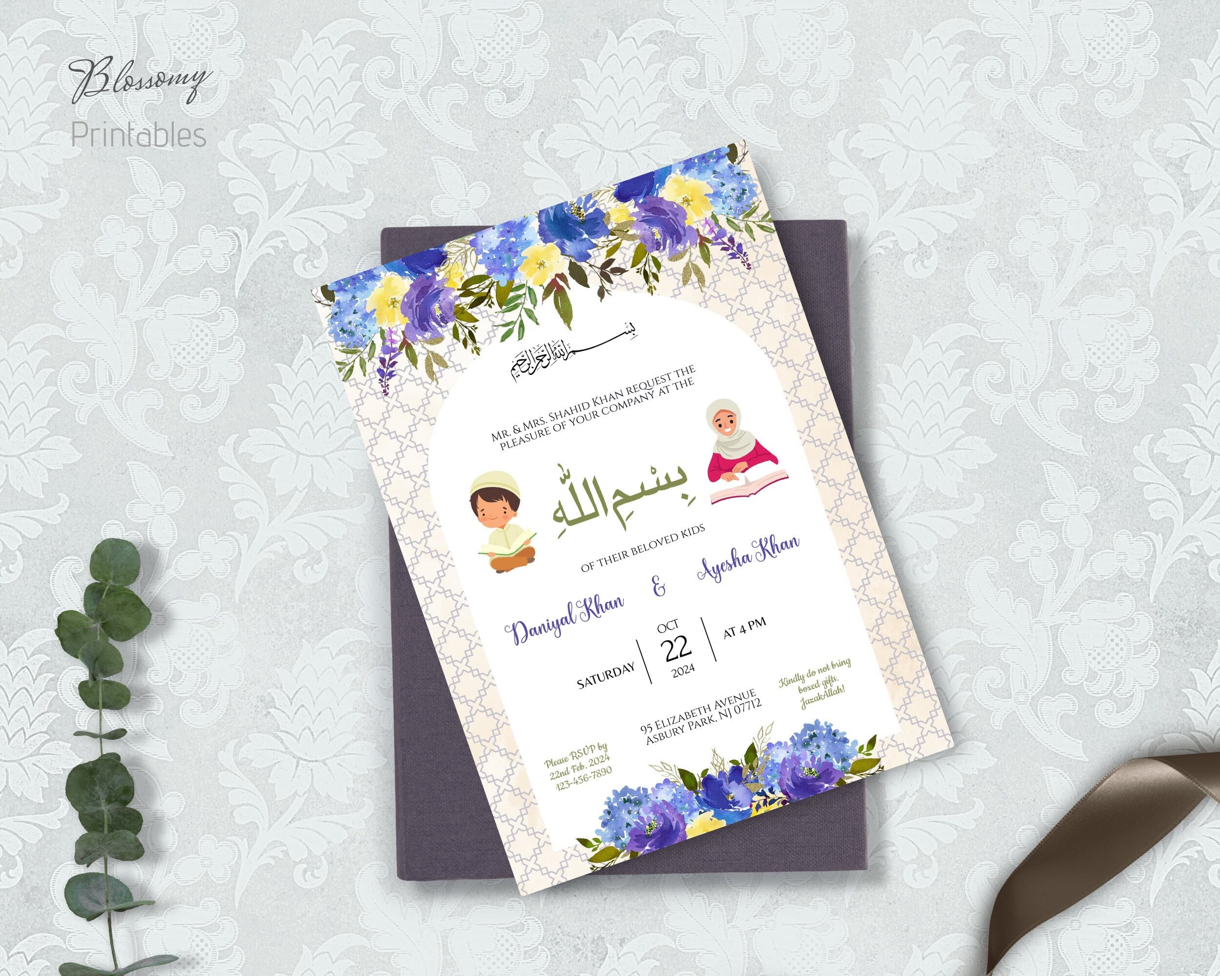 Bismillah Invitation Boy & Girl, Blue Bismillah Invite Card, Muslim Kids Invite, Muslim Bismillah Invitation, Islamic Beginning of Quran - image 3