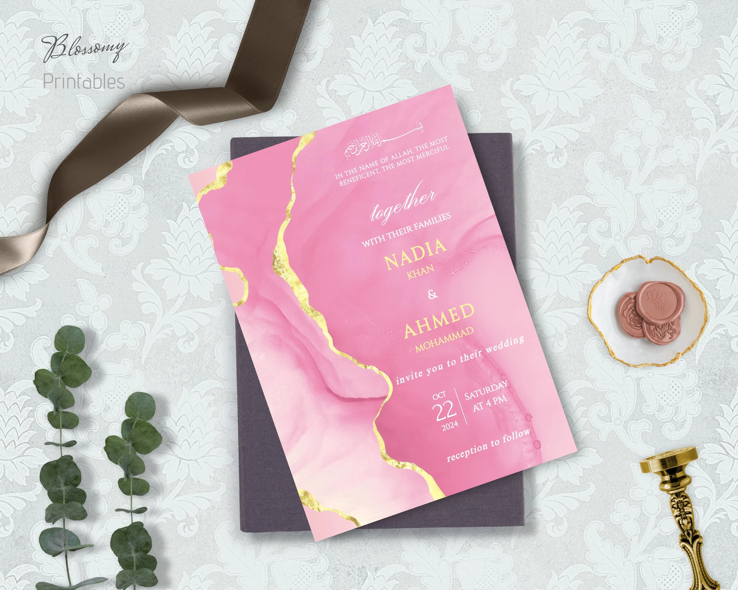 Islamic Wedding Invitation, Walimah Invitation Pink Gold, Walima Muslim Wedding Invitation, Marble Nikkah Invite Template, Islamic Evite - image 5