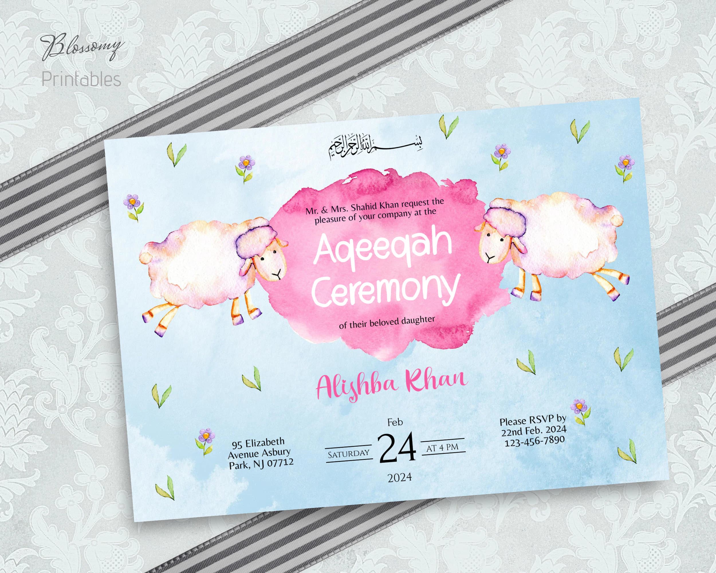 Editable Aqeeqah Invitation Girl, Aqeeqah Card, Aqiqah Invitation girl, Muslim Aqeeqah Invitation, Muslim Aqiqah Invitation, Islamic Aqeeqah