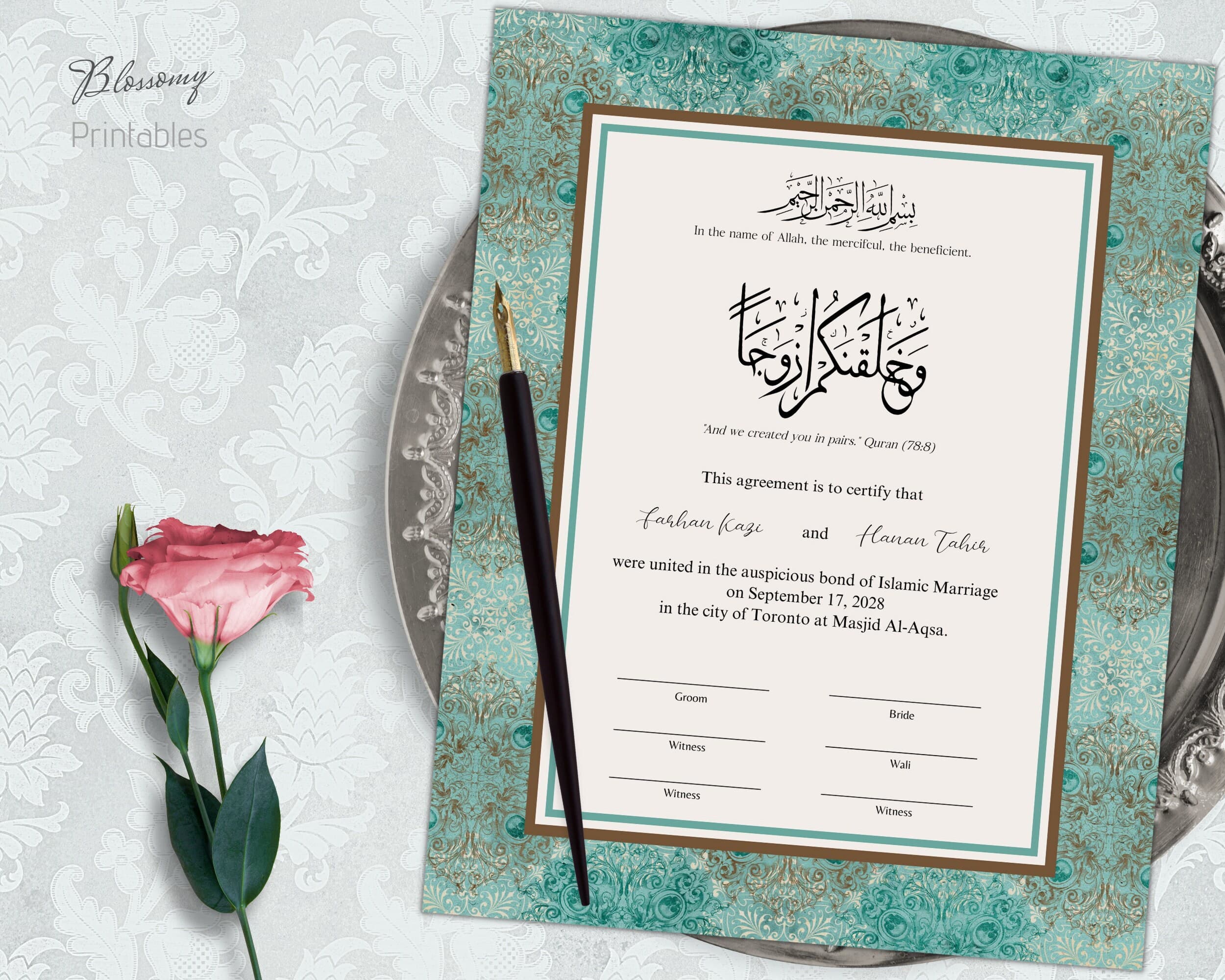 Muslim Nikkah Contract, Digital Islamic Nikah Contract, Editable Nikkah Certificate, Nikahnama, Muslim Wedding Certificate Turquoise Brown - image 4