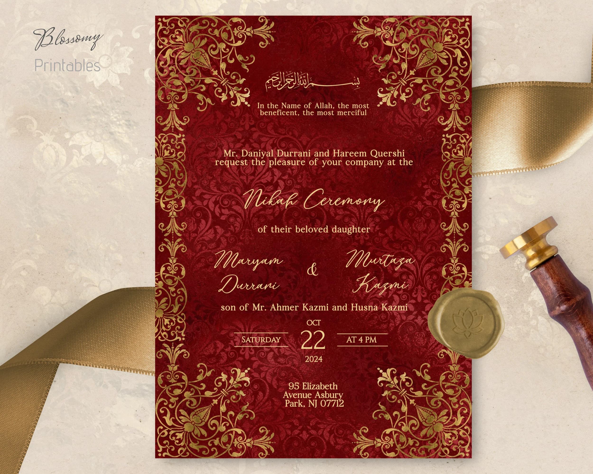 Editable Islamic Wedding Card, Nikkah Invitation Red Gold, Walima, Muslim Wedding Invitation, Nikah Invite Template