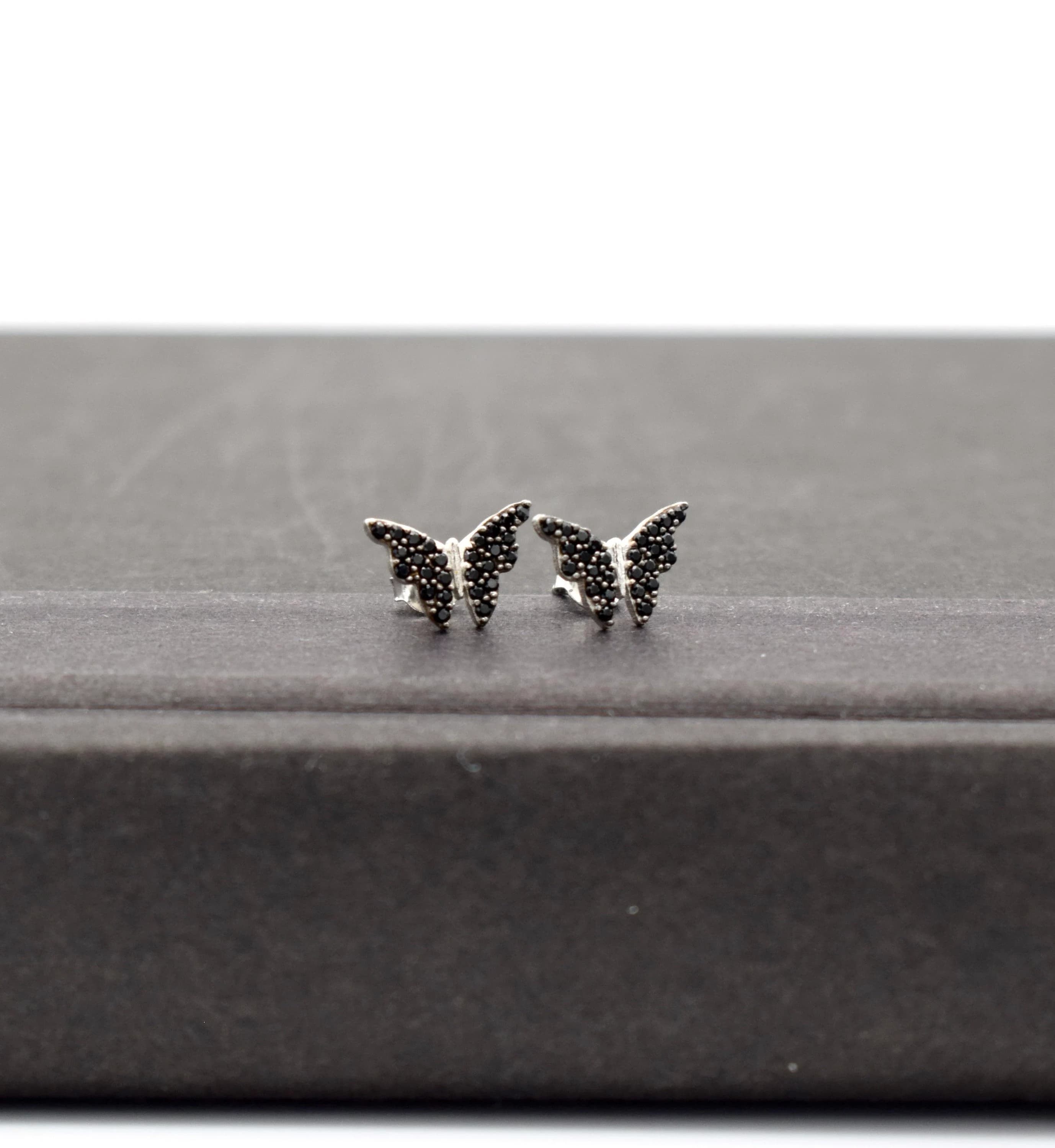925k Silver Butterfly Stud Earrings, Black Butterfly Earrings, Butterfly Stud Earrings, Dainty Silver Earrings