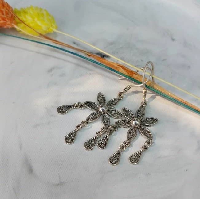 Special Design 925K Silver Flover Hoop Earrings, Bohemian Hoop Earrings, Merdin/Mardin Telkari Handmade Earrings, Flower Folklore Earrings - image 3