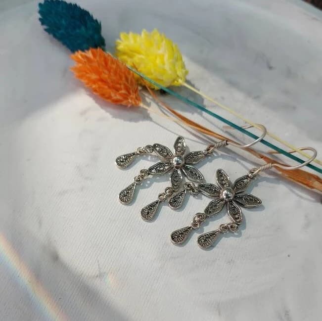 Special Design 925K Silver Flover Hoop Earrings, Bohemian Hoop Earrings, Merdin/Mardin Telkari Handmade Earrings, Flower Folklore Earrings