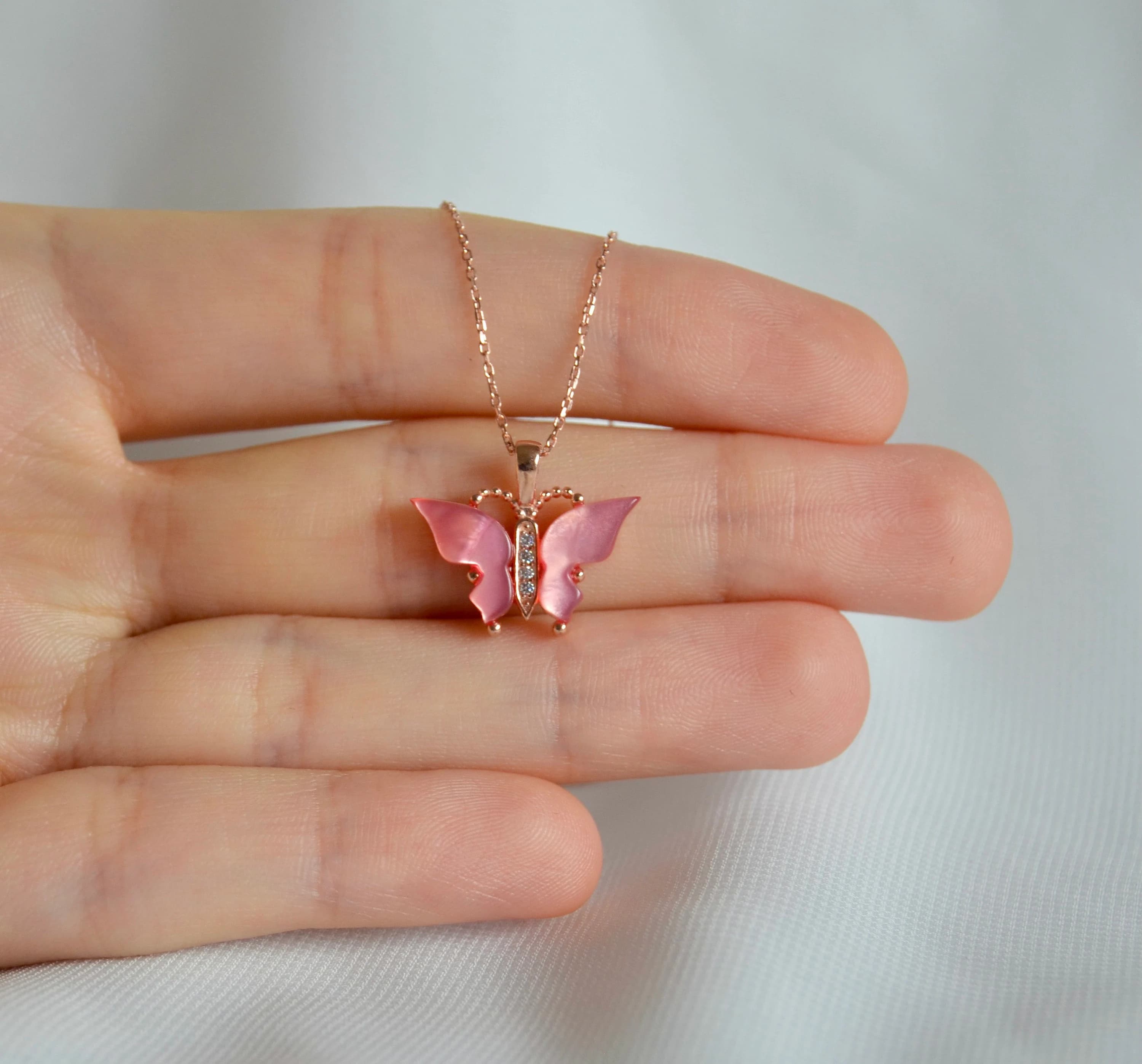 Silver Pink Butterfly Necklace, Rose Women Butterfly Necklace, Gift for Her, Butterfly Necklace, Rose Gold Plated, Pink Butterfly - image 3