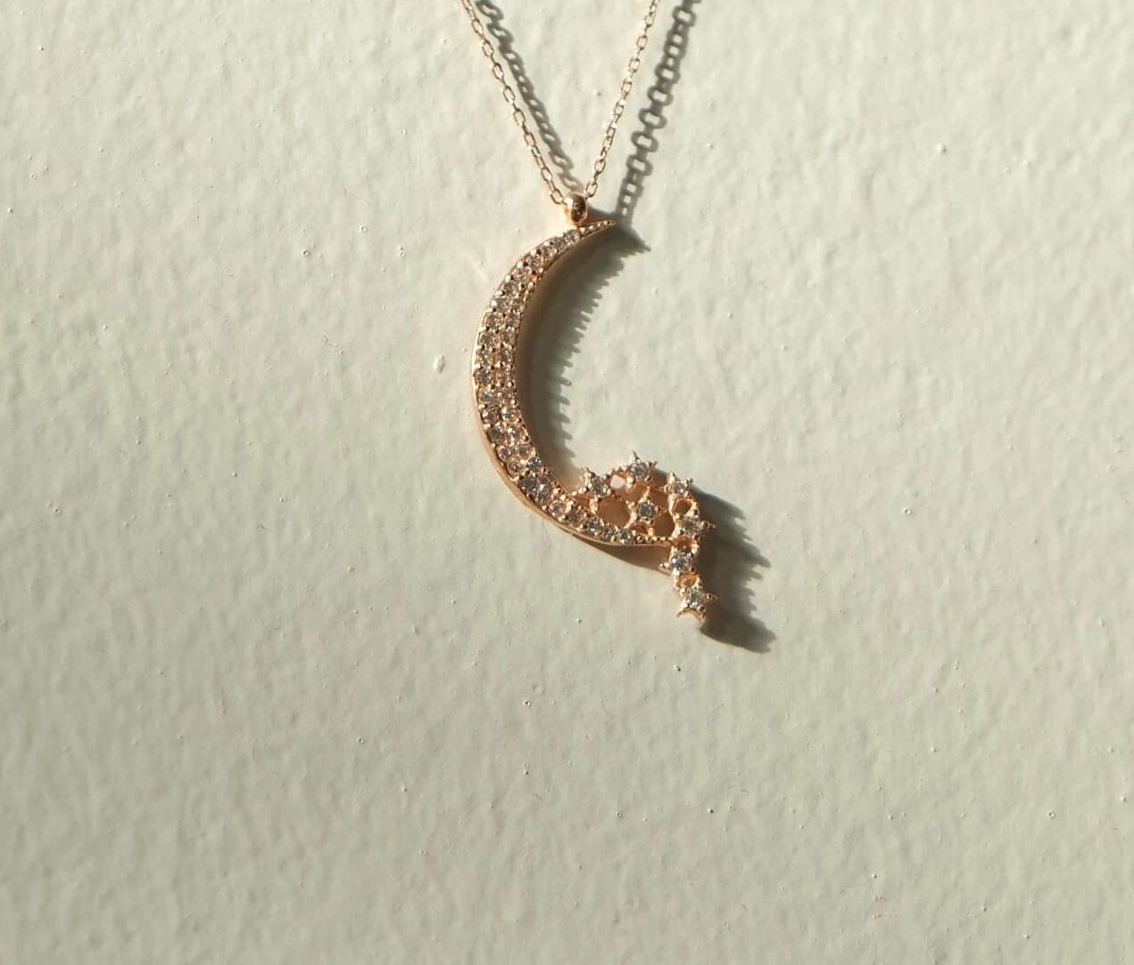 Silver Crescent and Star Necklace, Zircon Stone Crescent and Star Necklace, Silver Moon Star Necklace
