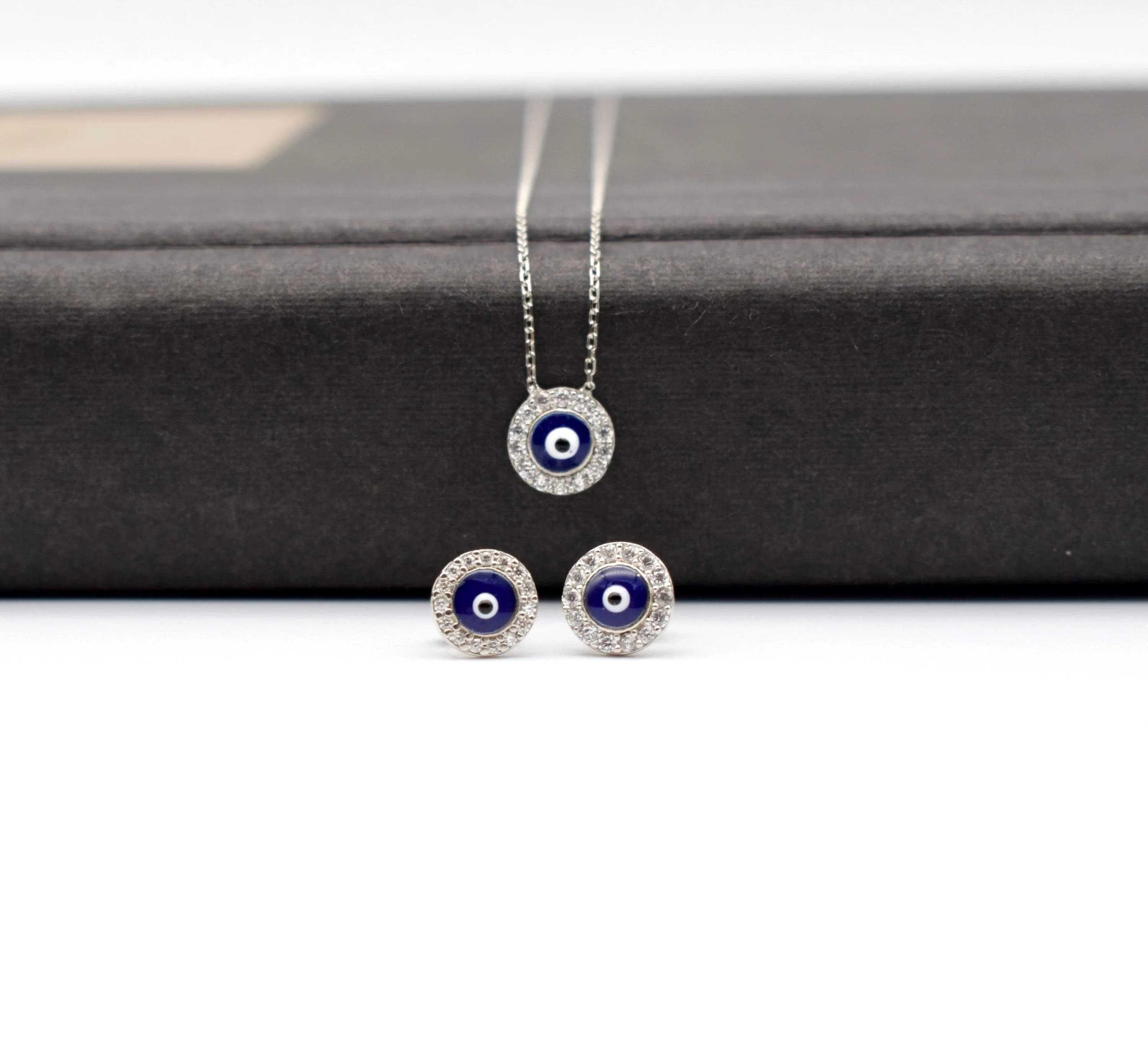 Silver Blue Evil Eye Necklace and Earrings Set, Zircon Stone Protection Necklace Set, Gift for Her, Nazar Necklace, Silver Evil Eye Earrings