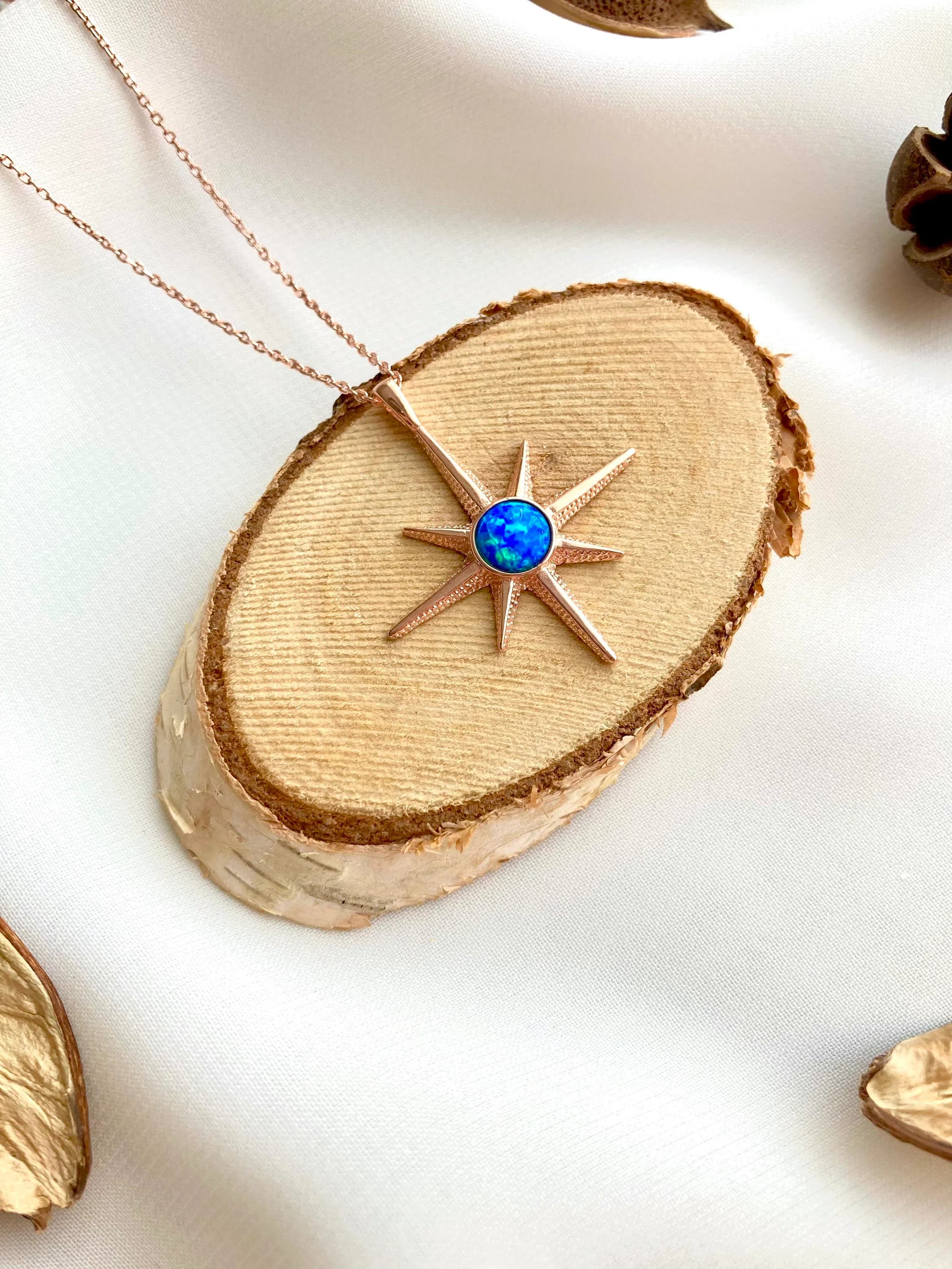 Silver Opal North Star Necklace, Silver Star Necklace, Blue North Star Necklace, Gİft for Her, Opal Stone Star Necklace, Opal Necklace