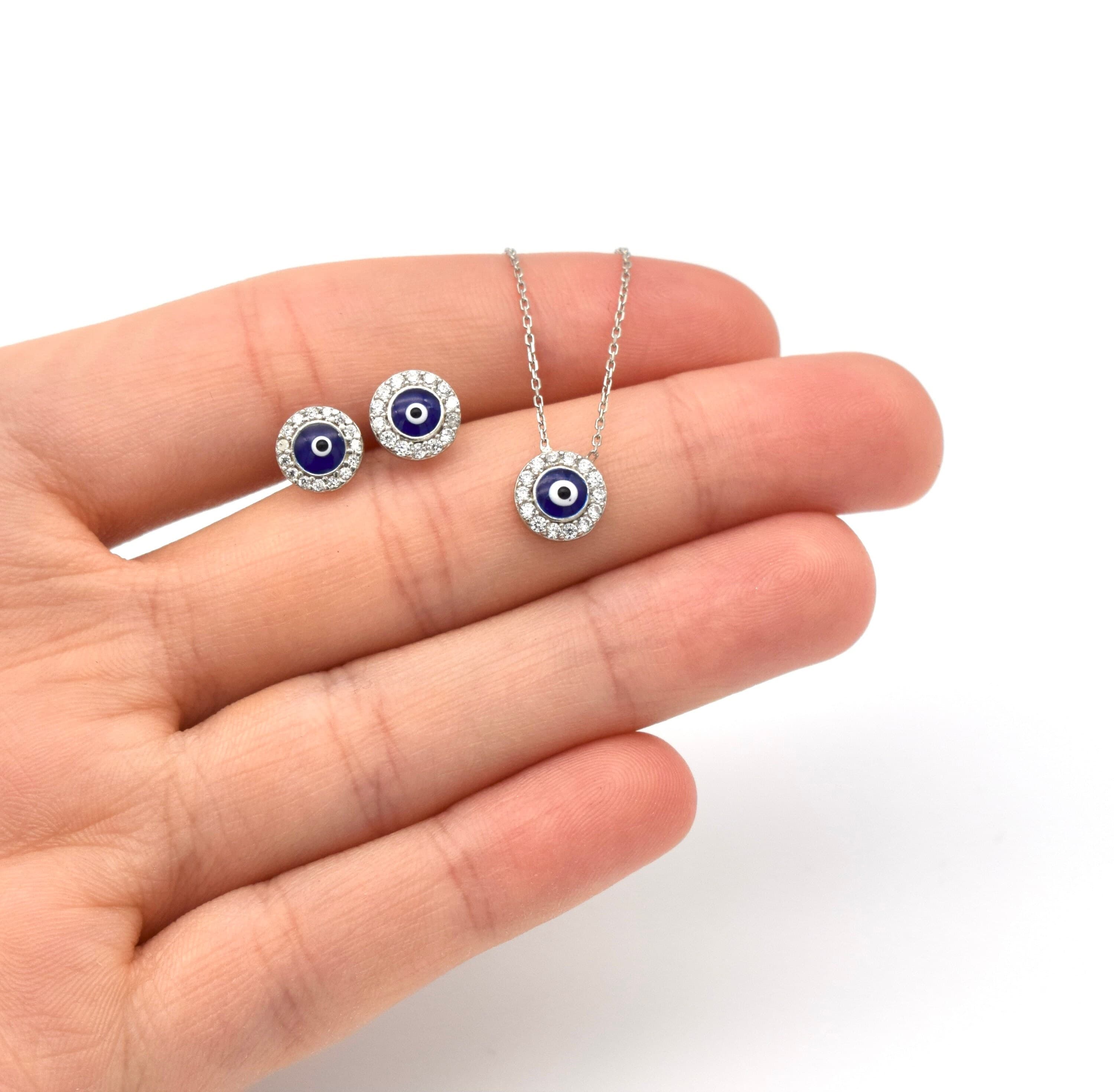 Silver Blue Evil Eye Necklace and Earrings Set, Zircon Stone Protection Necklace Set, Gift for Her, Nazar Necklace, Silver Evil Eye Earrings - image 3