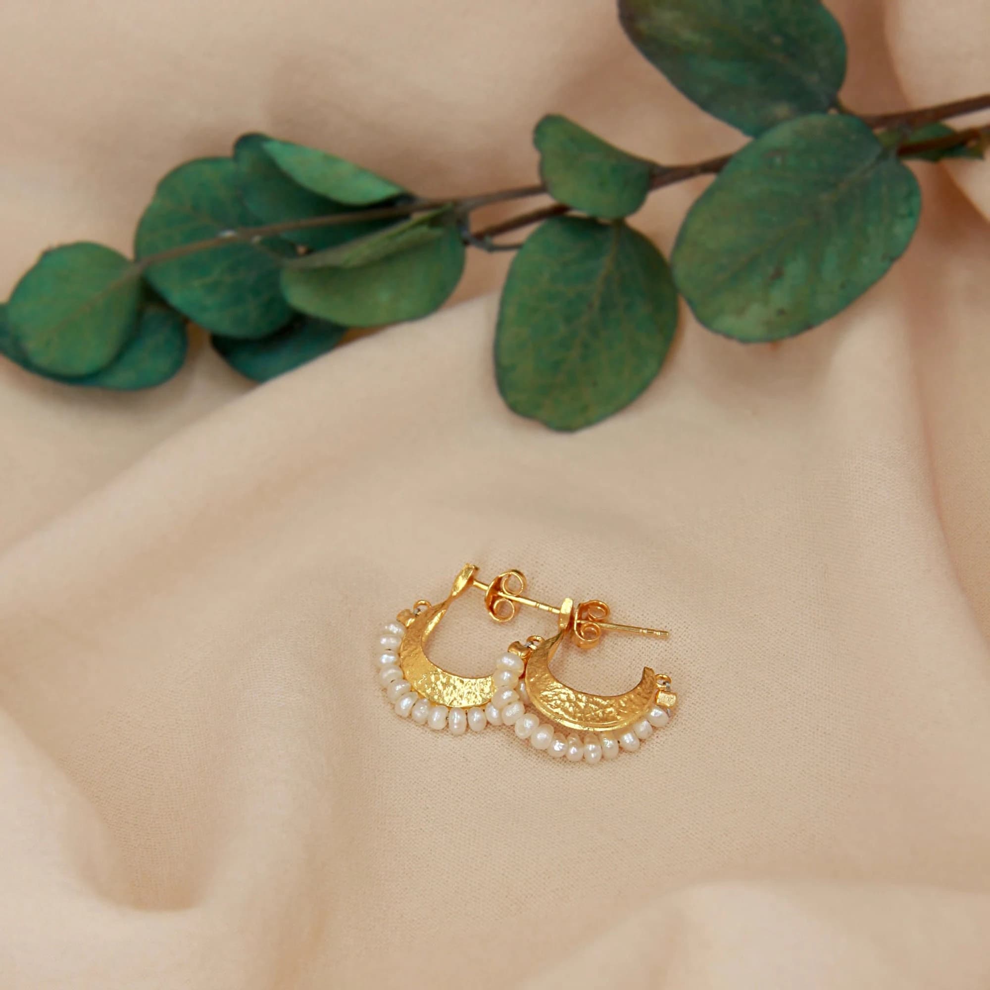 Bohemian Silver Gold Plated Earrings with White Beads, White Beads Stud Earrings, Gold Plated Stud Earrings, Bohemian White Beads Earrings