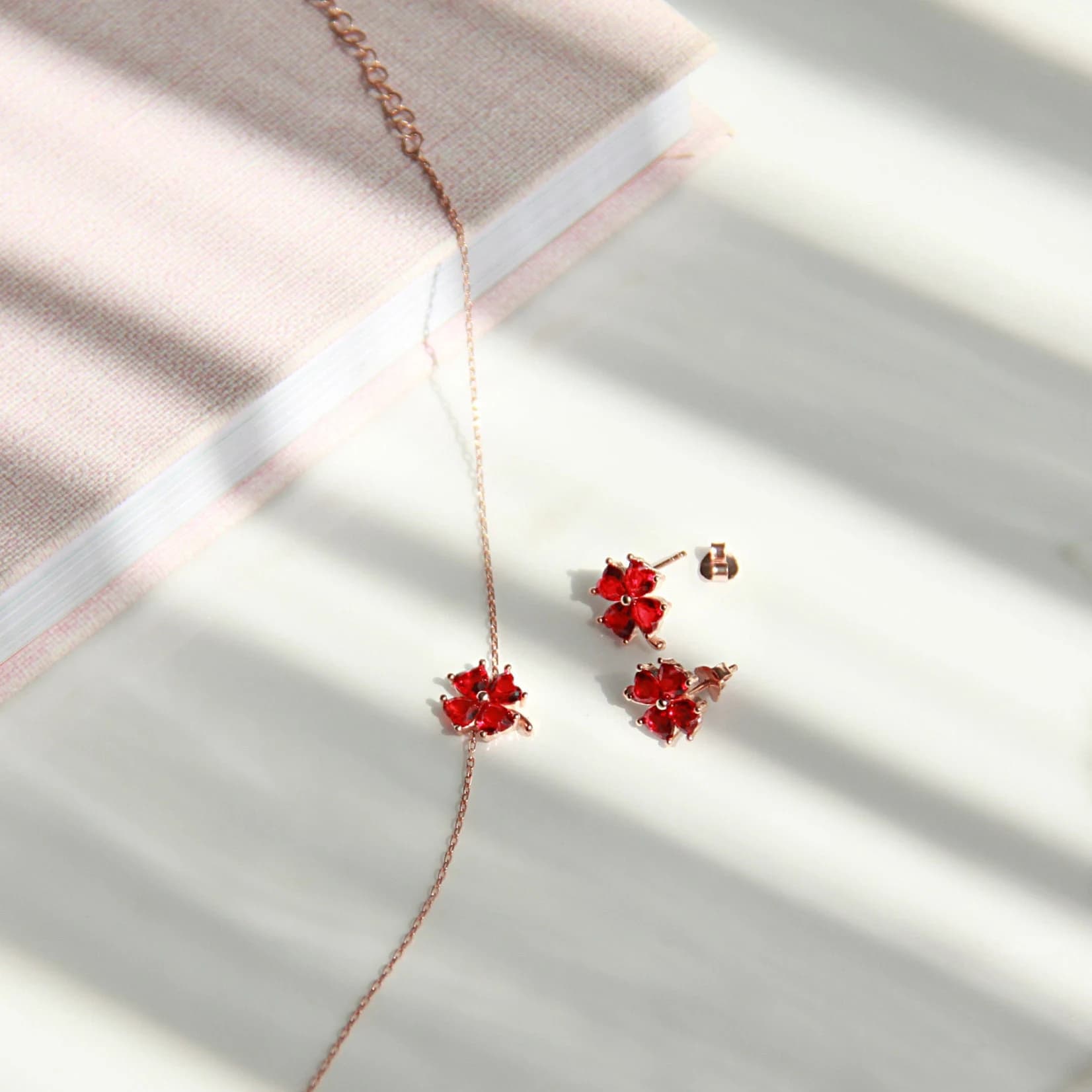 Silver Four Leaf Clover Jewelry Set, Red Clover Stud Earrings, Silver Red Heart Jewelry Sets, Red Flower Bracelet, Clover Bracelet Set - image 3