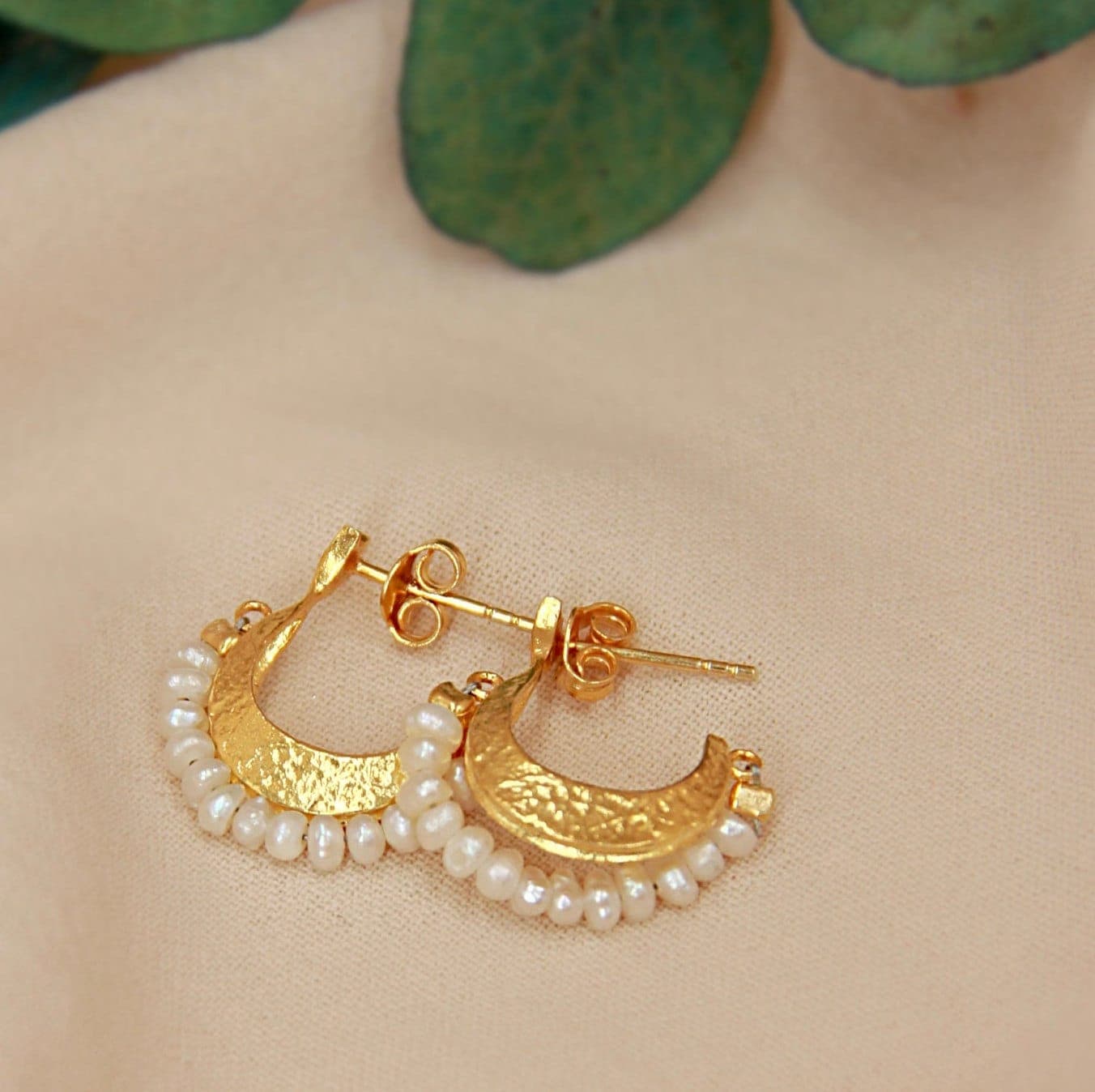 Bohemian Silver Gold Plated Earrings with White Beads, White Beads Stud Earrings, Gold Plated Stud Earrings, Bohemian White Beads Earrings - image 3