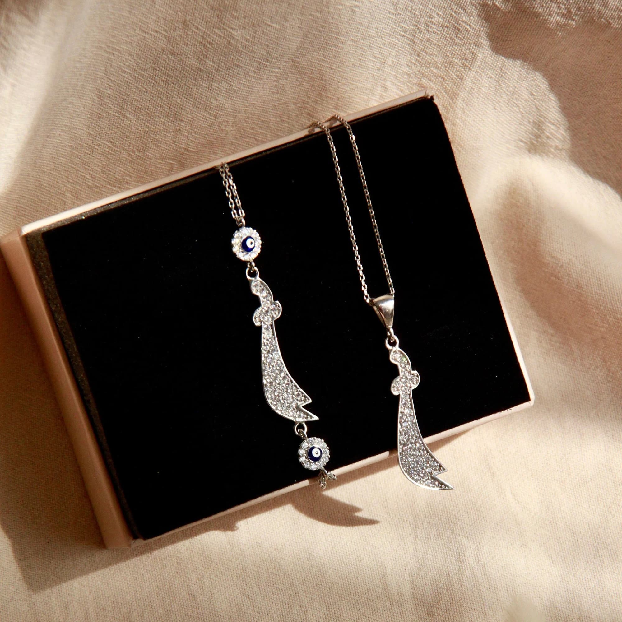 Silver Zulfiqar Sword Necklace Set, Zircon Sword Bracelet Set, Imam Ali Jewelry Set, Islamic Jewelry, Gift for her, Muslim Gift, Shia Gift
