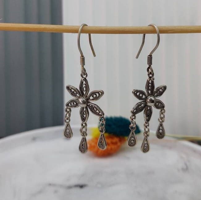 Special Design 925K Silver Flover Hoop Earrings, Bohemian Hoop Earrings, Merdin/Mardin Telkari Handmade Earrings, Flower Folklore Earrings - image 5