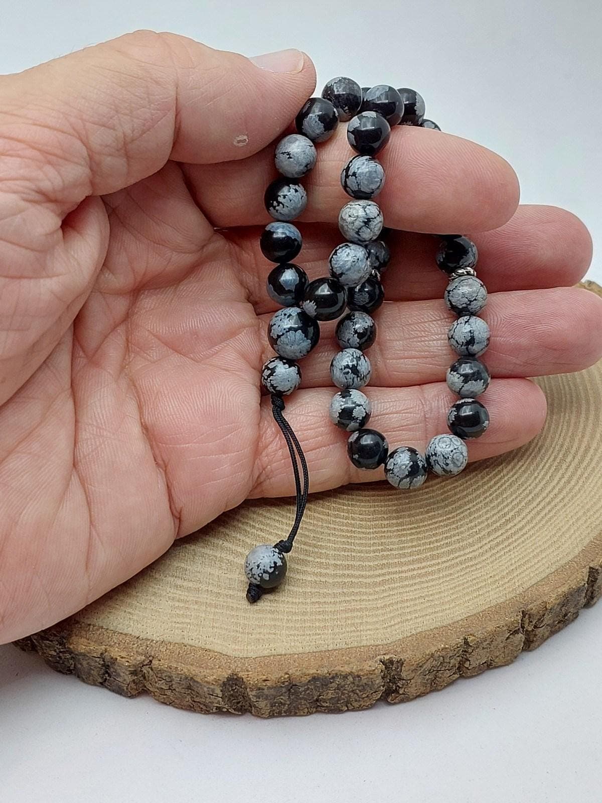 Kar Tanesi Obsidyen Taşı 33lük Özel Tasarım Tesbih 8mm (5640)