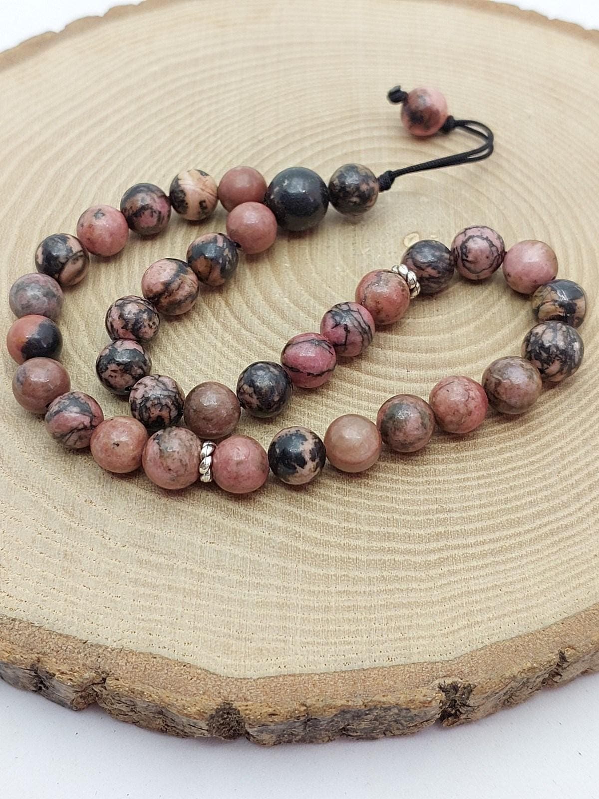 Handmade 33 Beads Rhodonite Tasbih – 8mm Muslim Prayer Beads for Love, Healing & Gift (1853)