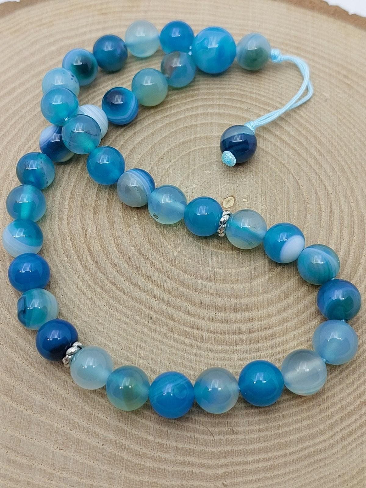 Handmade 33 Beads Blue Agate Tasbih – 8mm Muslim Prayer Beads for Meditation & Gift (4001)