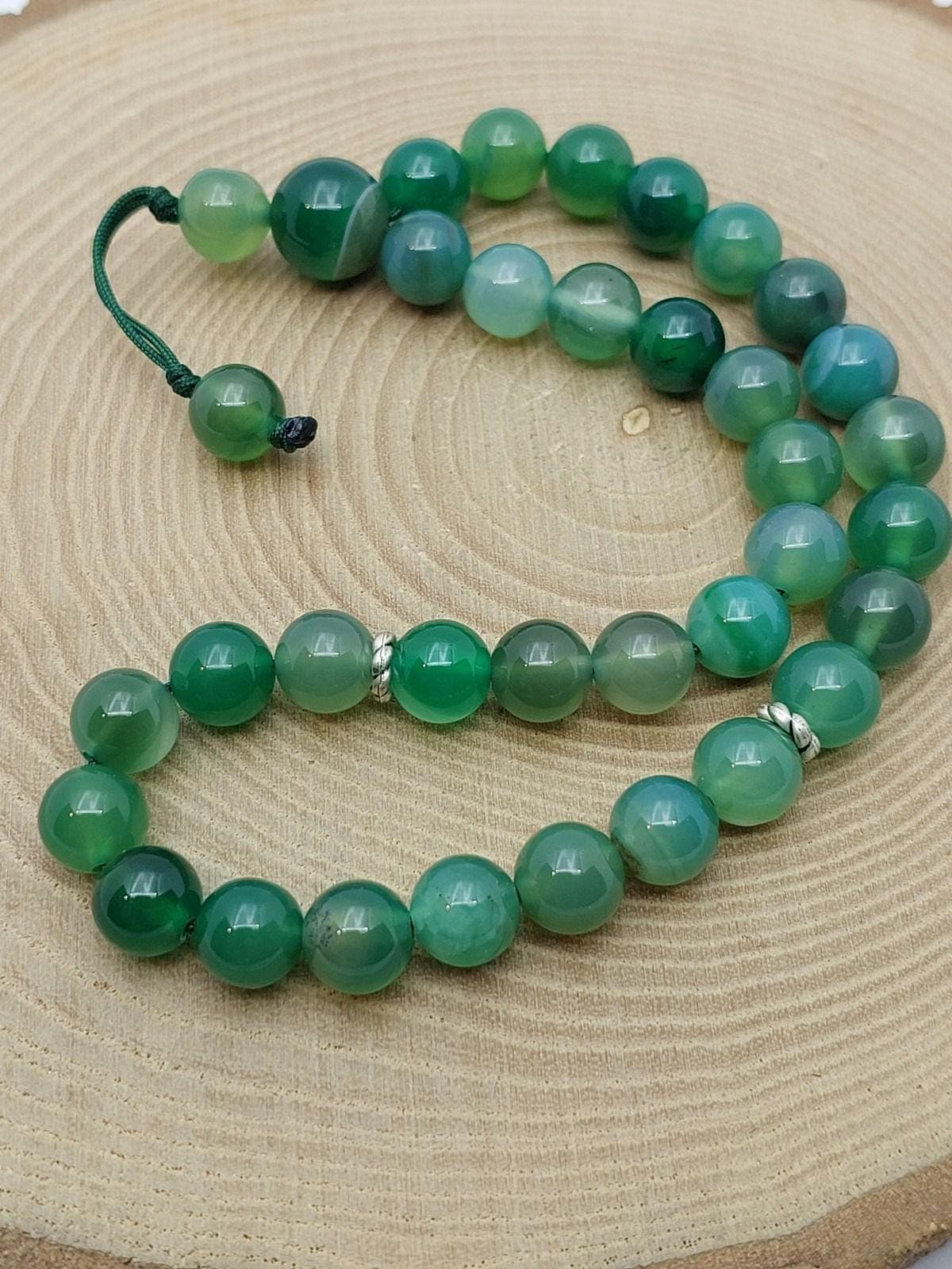 Handmade 33 Beads Green Agate Tasbih – 8mm Muslim Prayer Beads for Meditation & Gift (27902)