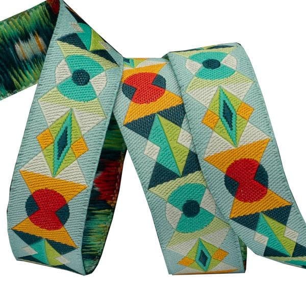 Tula Pink Spirit Animal Arrowhead Sunkissed Aqua Jacquard Ribbon- 5/8" wide, By the Yard