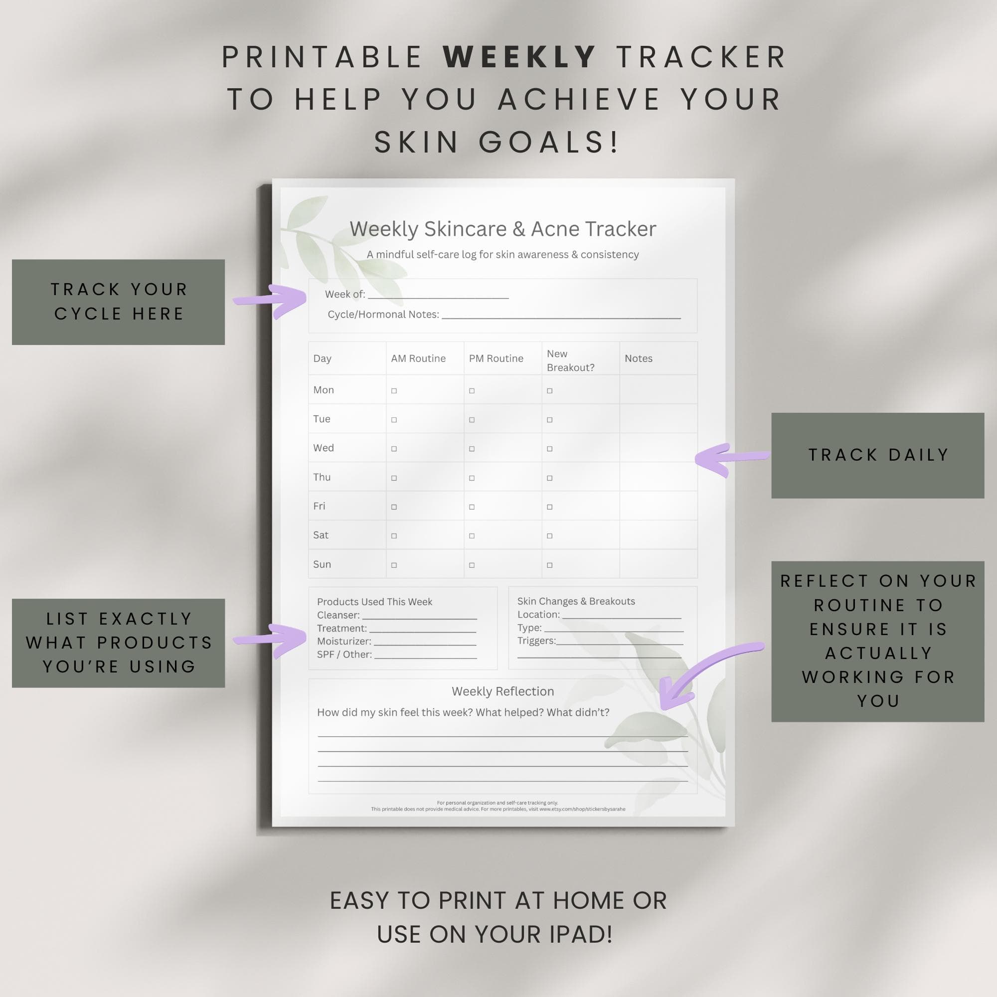 Weekly Skincare Routine Tracker, Acne & Hormonal Skin Log, Self Care Printable, Minimal Planner, beauty planner - image 3