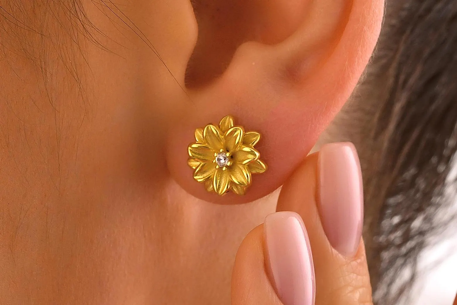 14k Gold Birth Flower Earrings, Birthstone earrings, Hypoallergenic Stud earrings for women Gold Filled, Valentines Days, Bridesmaid Gifts - image 5