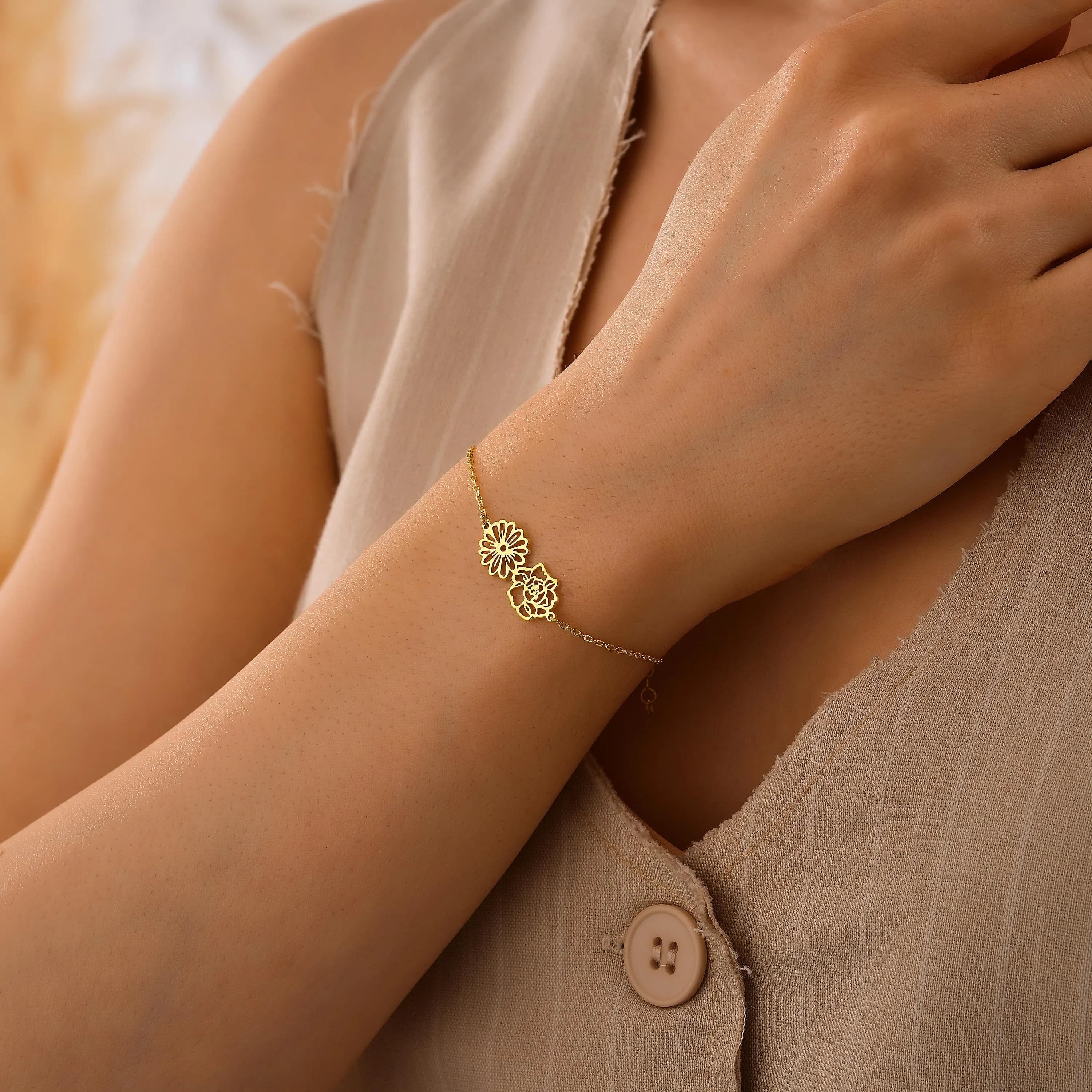 14k Gold Dainty Birth Flower Bracelet, , Bouquet bracelet, Personalized Jewelry,Birthday Gift for Her,Family Bracelet For Valentines Gift - image 4