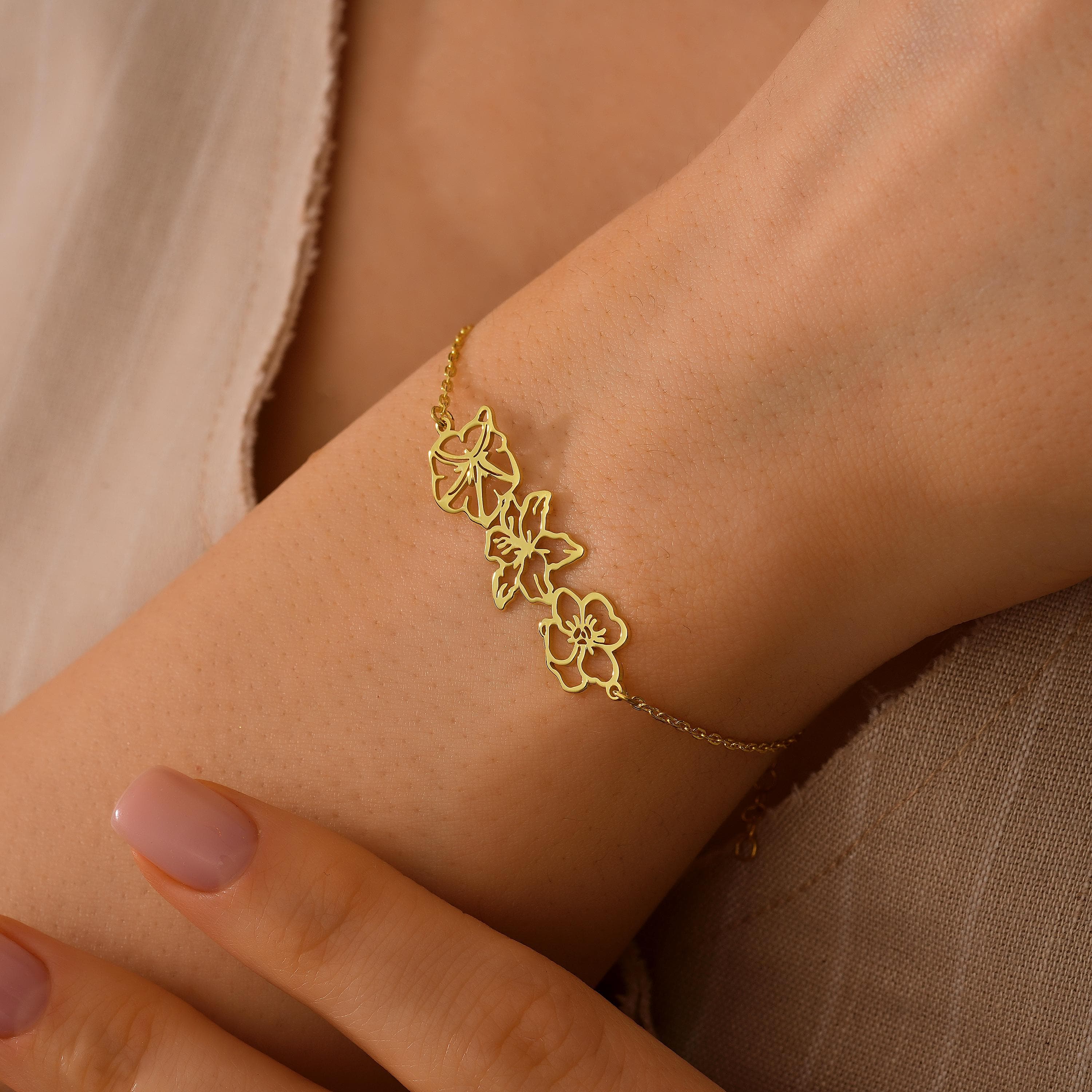 14k Gold Dainty Birth Flower Bracelet, , Bouquet bracelet, Personalized Jewelry,Birthday Gift for Her,Family Bracelet For Valentines Gift - image 5