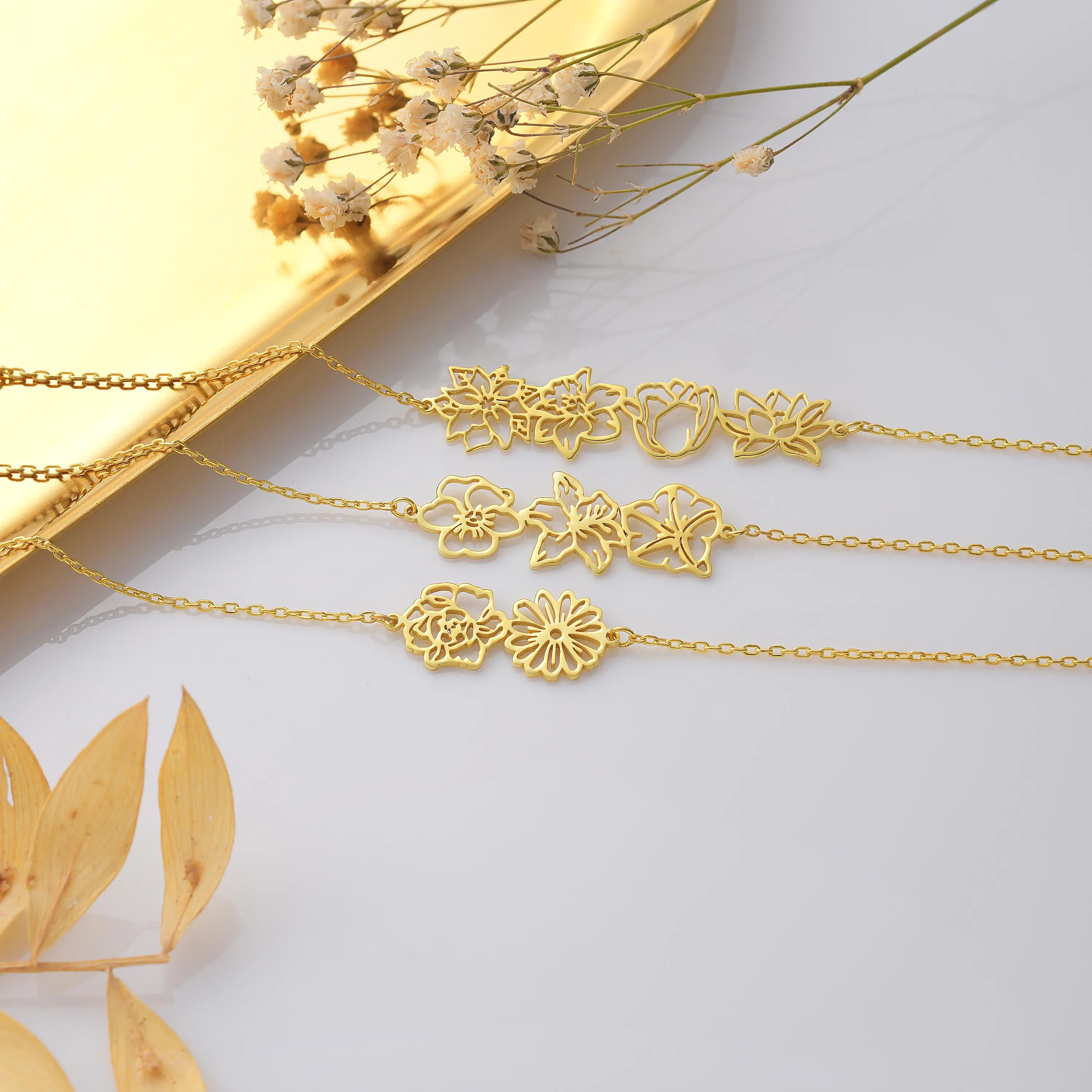 14k Gold Dainty Birth Flower Bracelet, , Bouquet bracelet, Personalized Jewelry,Birthday Gift for Her,Family Bracelet For Valentines Gift - image 3