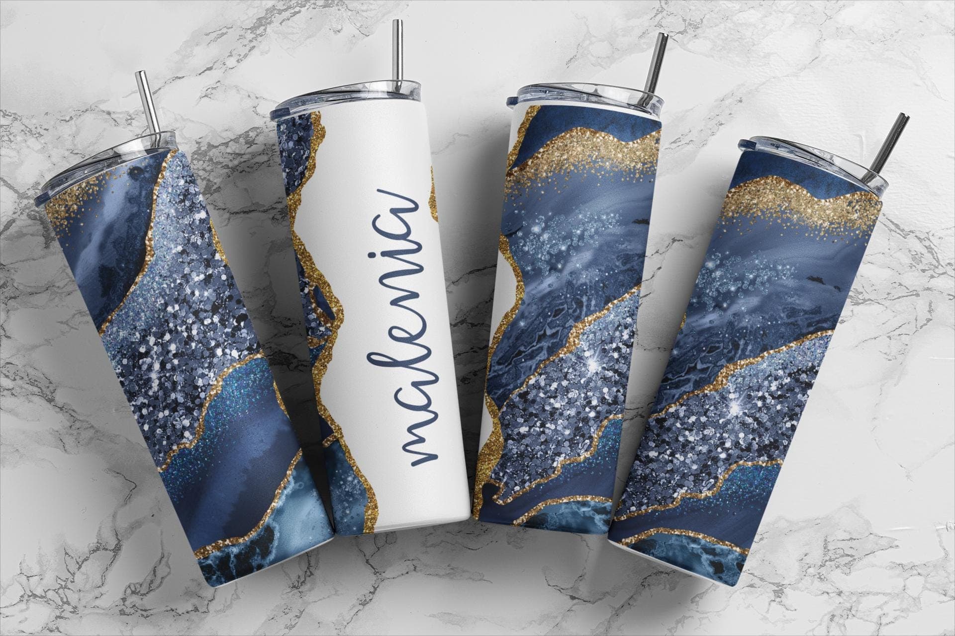 Personalized Marble Agate Tumbler with Name, Custom Marble Name Tumbler with Lid and Straw, Bridesmaid Gift, Glitter Tumbler Cup