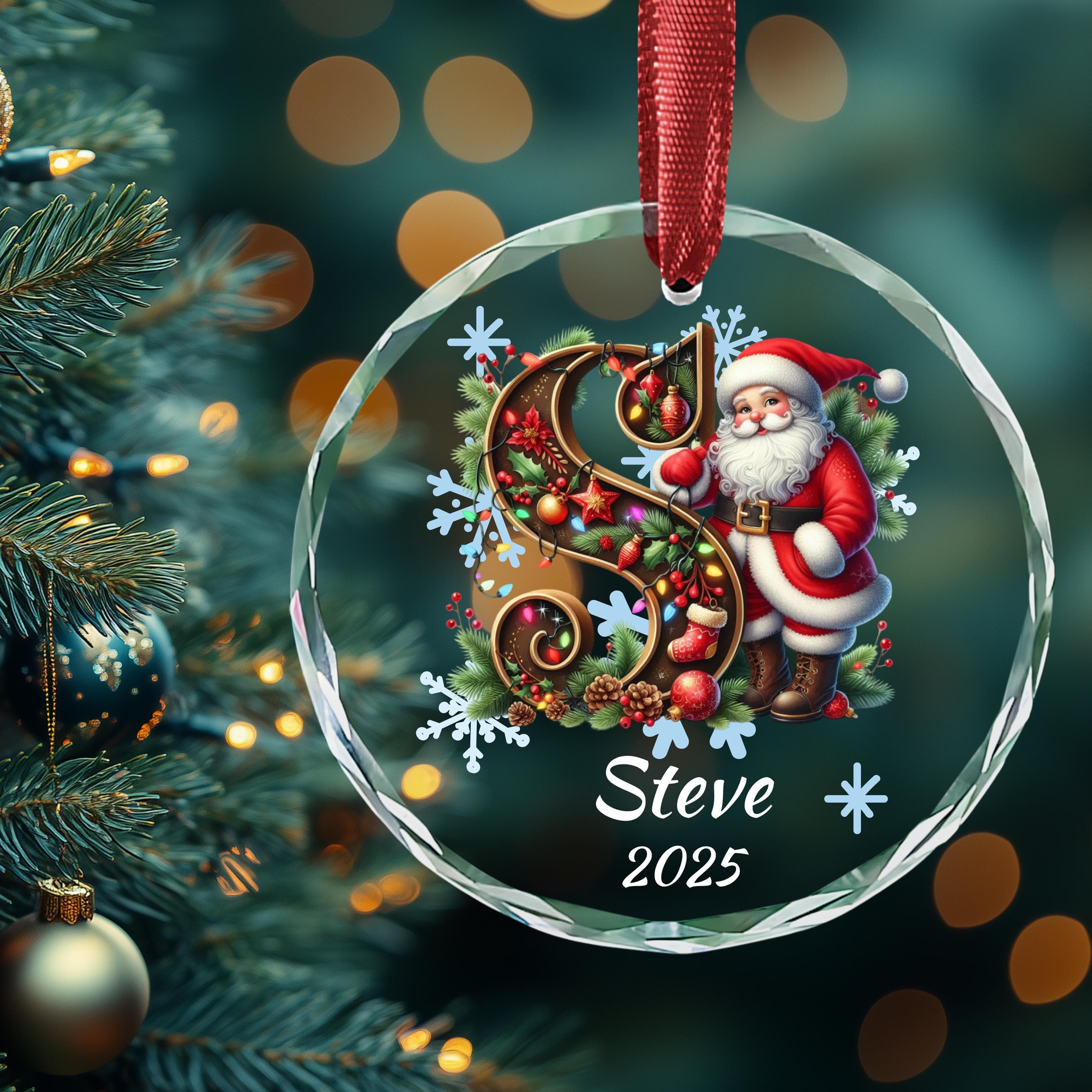 Personalized Sparkle Santa Initial Christmas Ornament:Custom Letter Keepsake with name, Kid Name Initial Letter Xmas gifts, Snowman Ornament - image 5