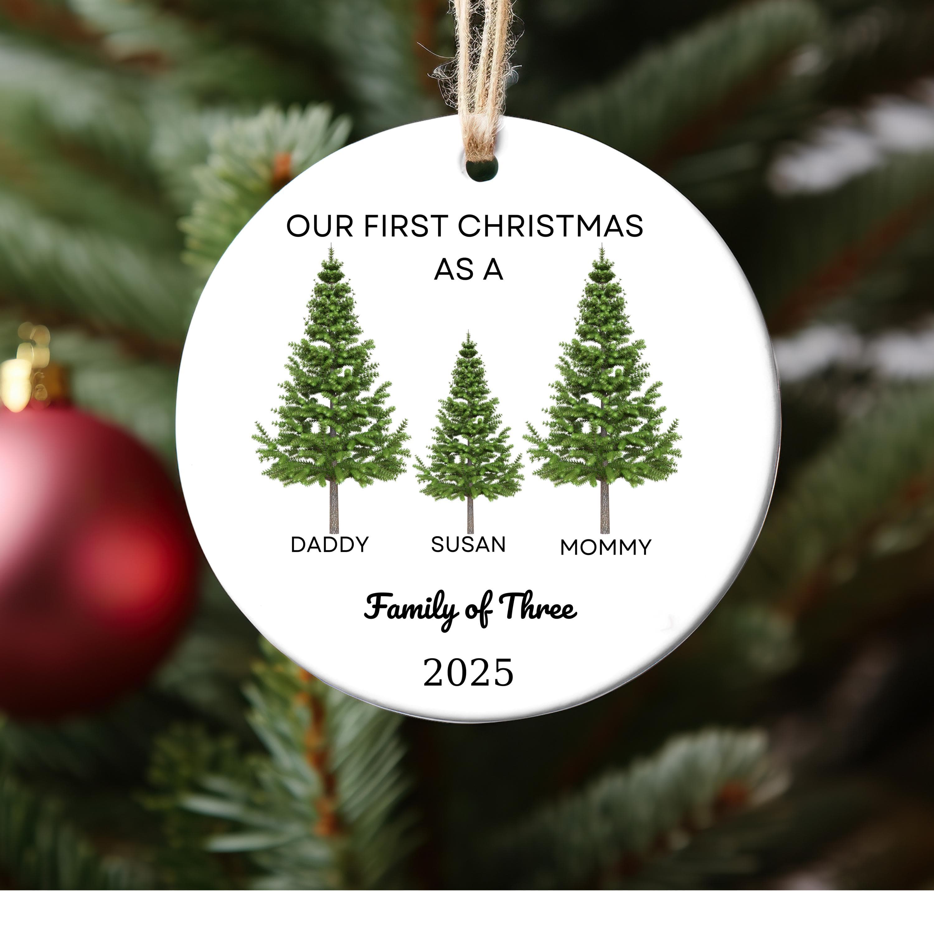 Family of 3 Christmas Tree Ornament, Baby's First Christmas Keepsake, Personalized Family of Three Christmas Ornament, New Baby Ornament