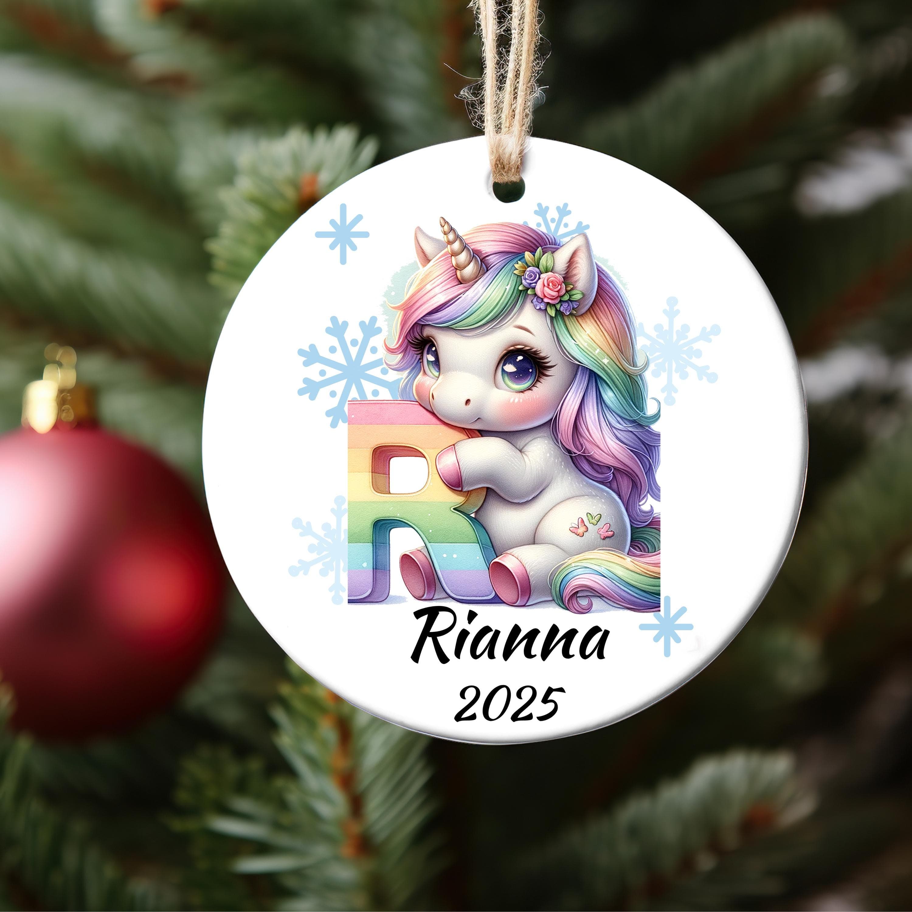 Personalized Unıcorn Initial Christmas Ornament: Custom Letter Keepsake with name, Kids Name Initial Letter Xmas gifts