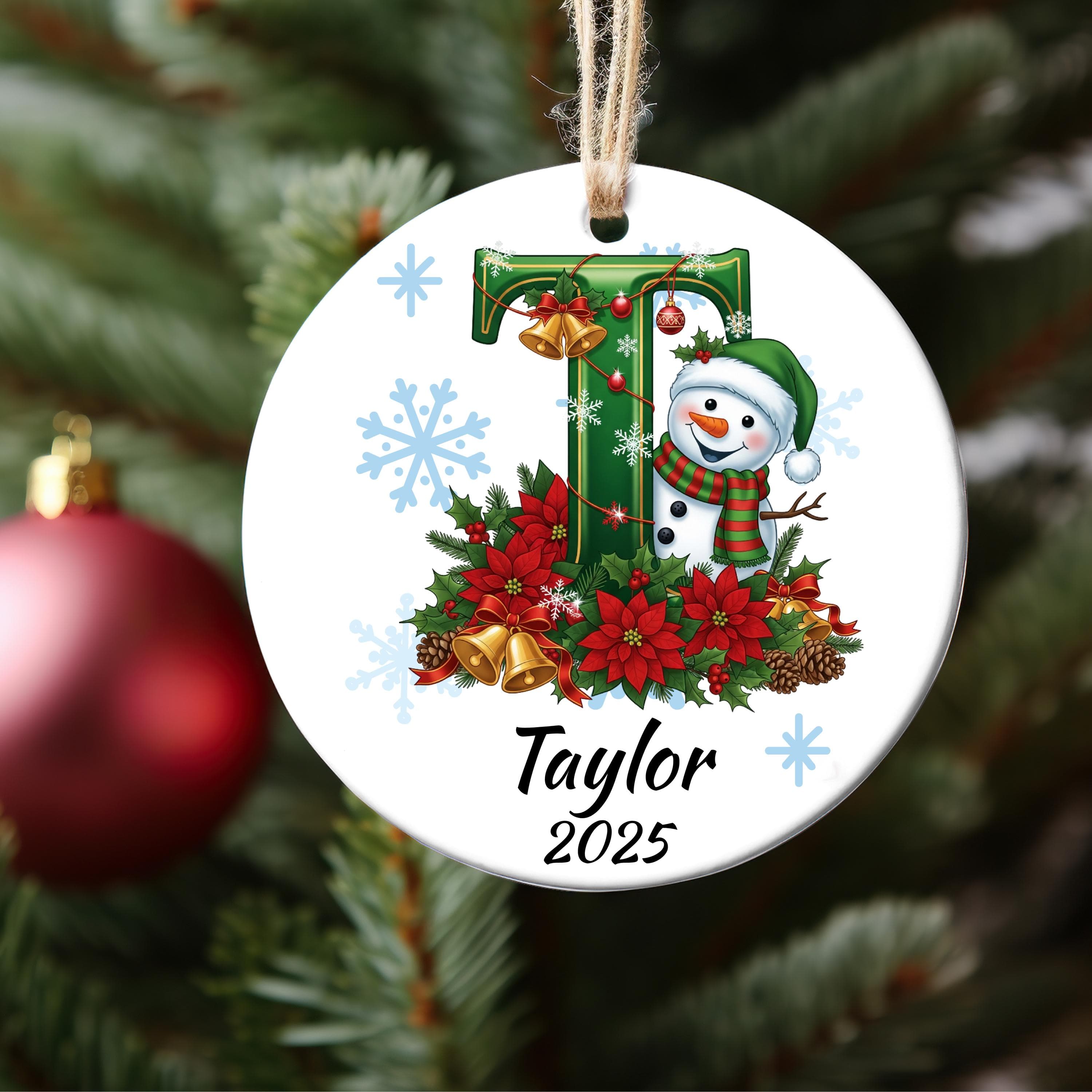 Personalized Snow man Flower Initial Christmas Ornament: Custom Letter Keepsake with name, Kids Name Initial Letter Xmas gifts