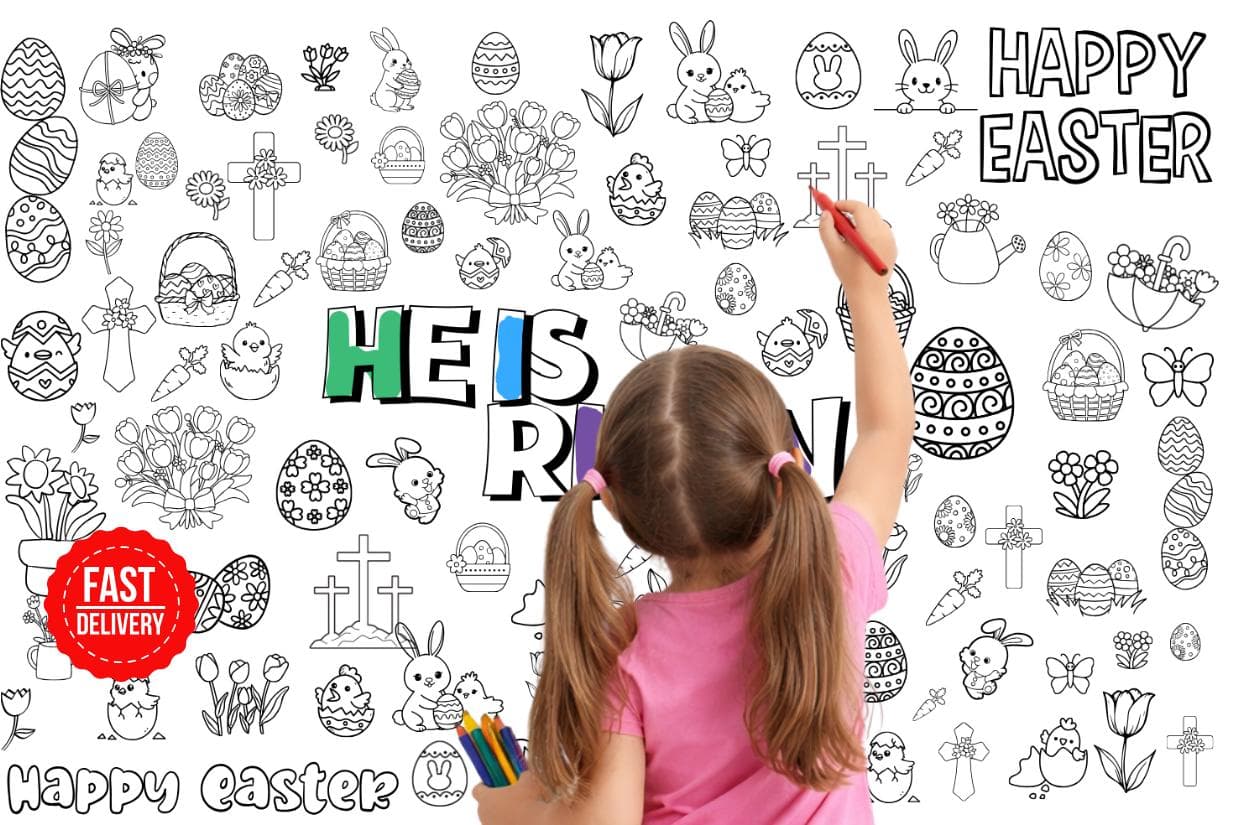 Giant Easter Coloring Page, He Is Risen Easter Kids Activity, Happy Easter Bunny, Easter Gift for Kids & Toddler, 36'x24' - image 5