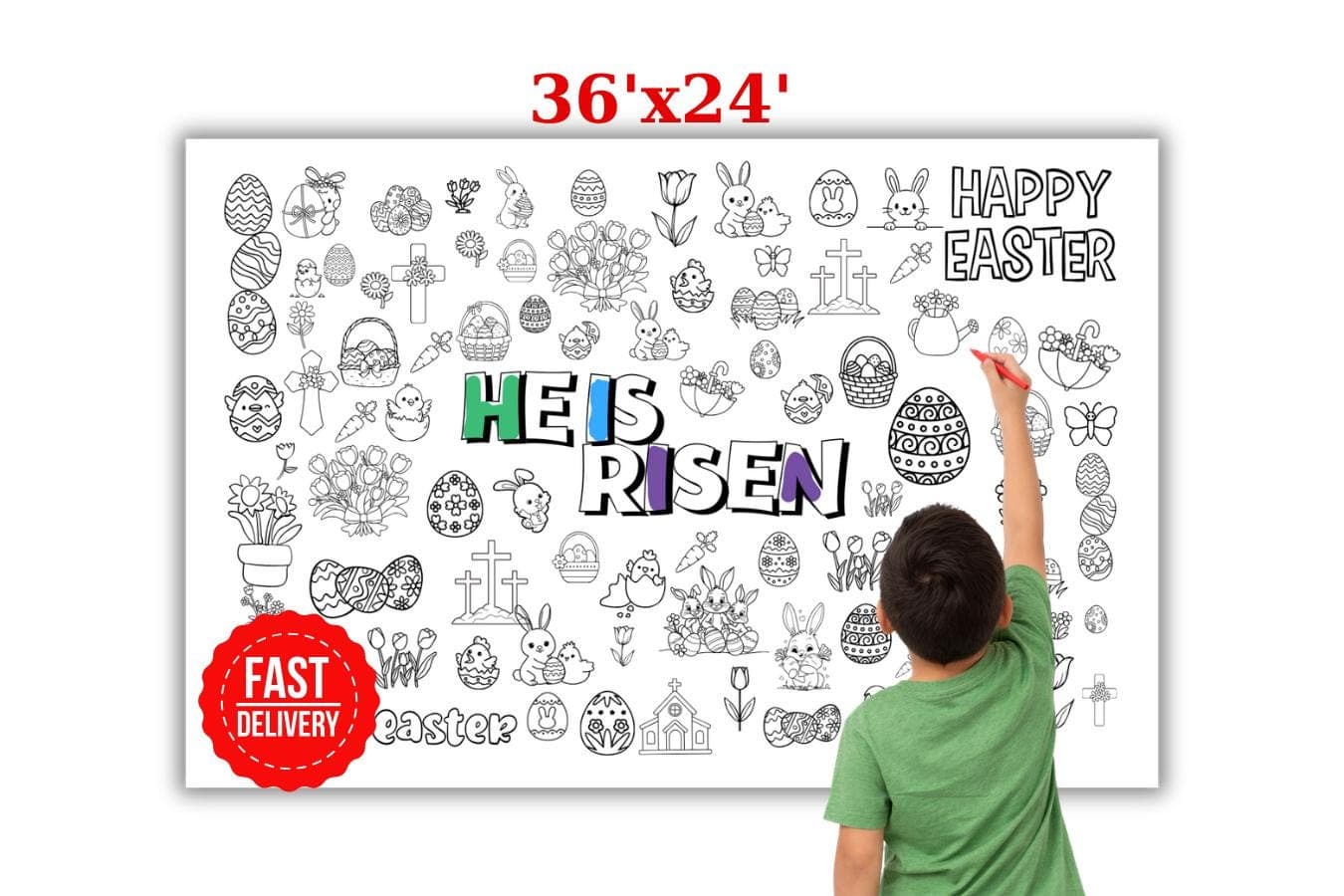 Giant Easter Coloring Page, He Is Risen Easter Kids Activity, Happy Easter Bunny, Easter Gift for Kids & Toddler, 36'x24' - image 4