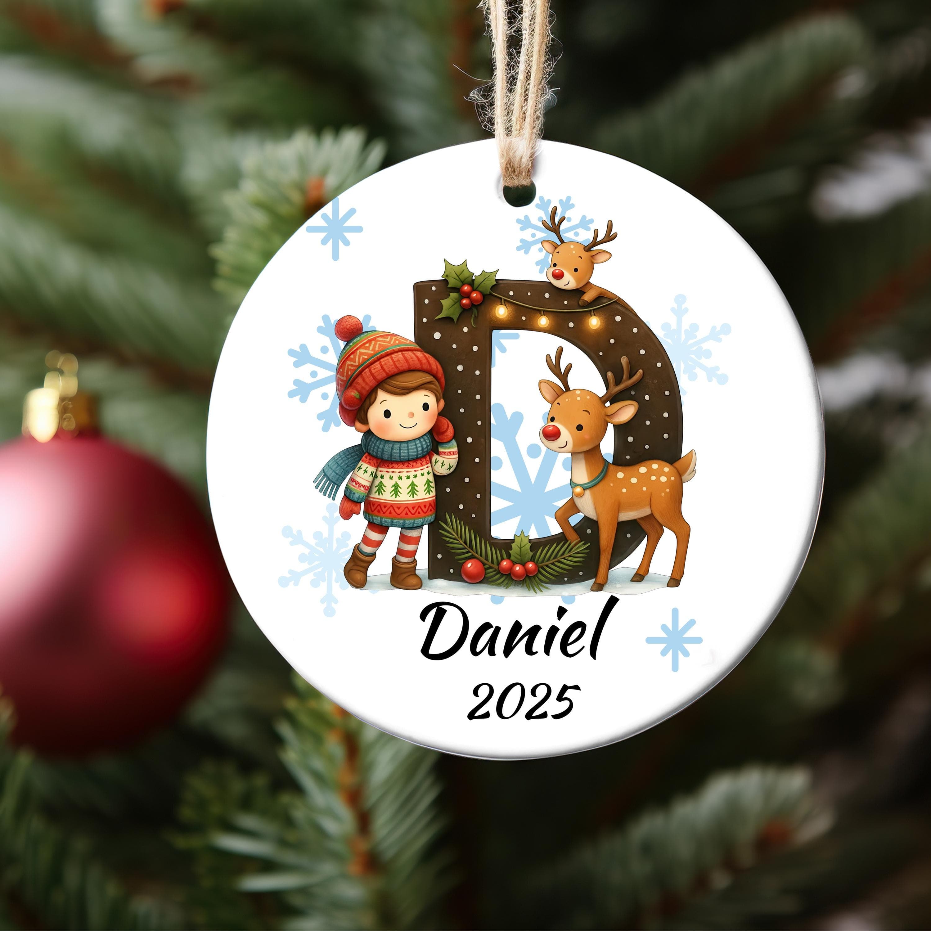 Personalized Deer Child  Initial Christmas Ornament: Custom Letter Keepsake with name, Kids Name Initial Letter Xmas gifts