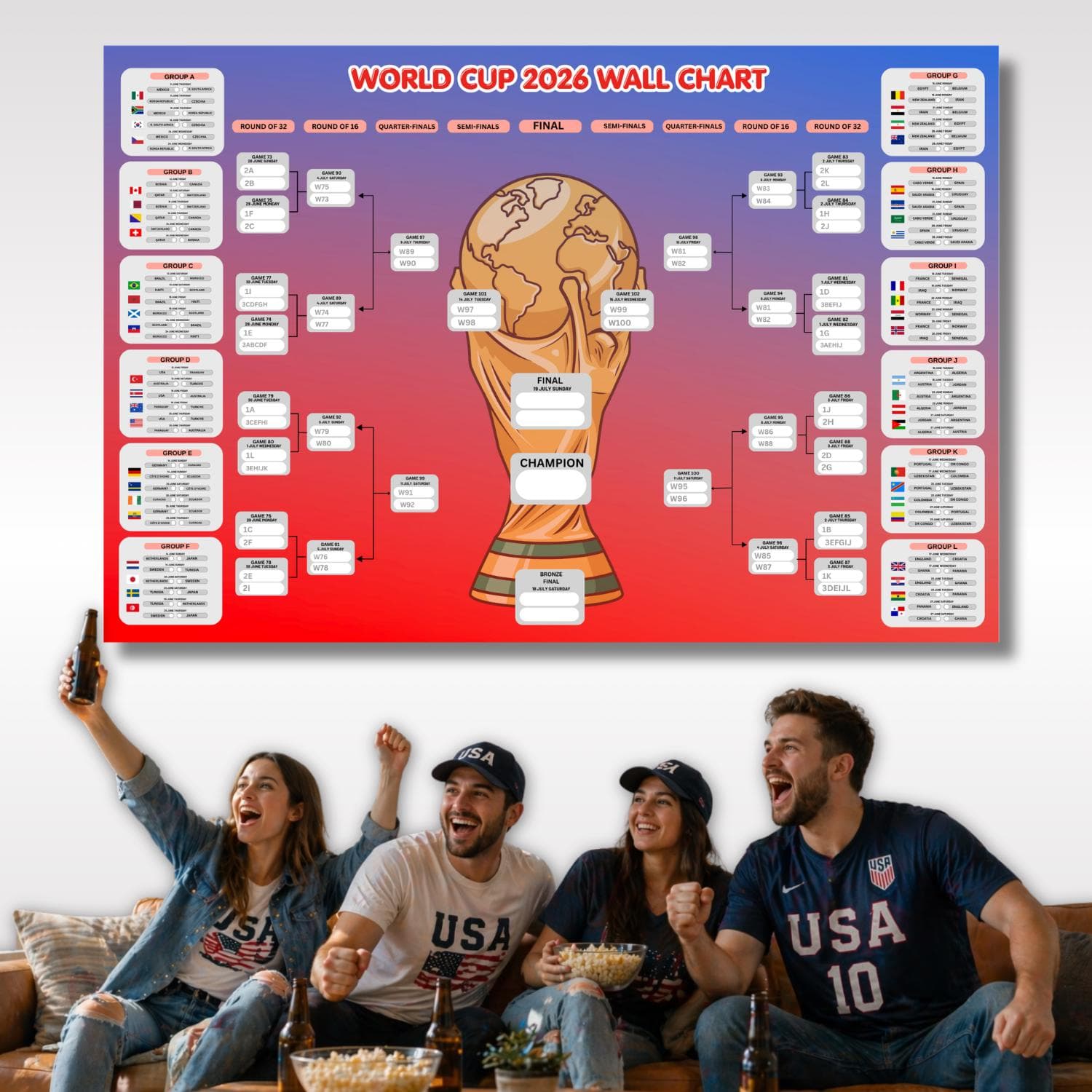 2026 World Cup Calendar, World Cup Wall Chart Poster Print, World Cup Schedule, World Cup Wall Calendar, Soccer Fixtures Chart A1 poster