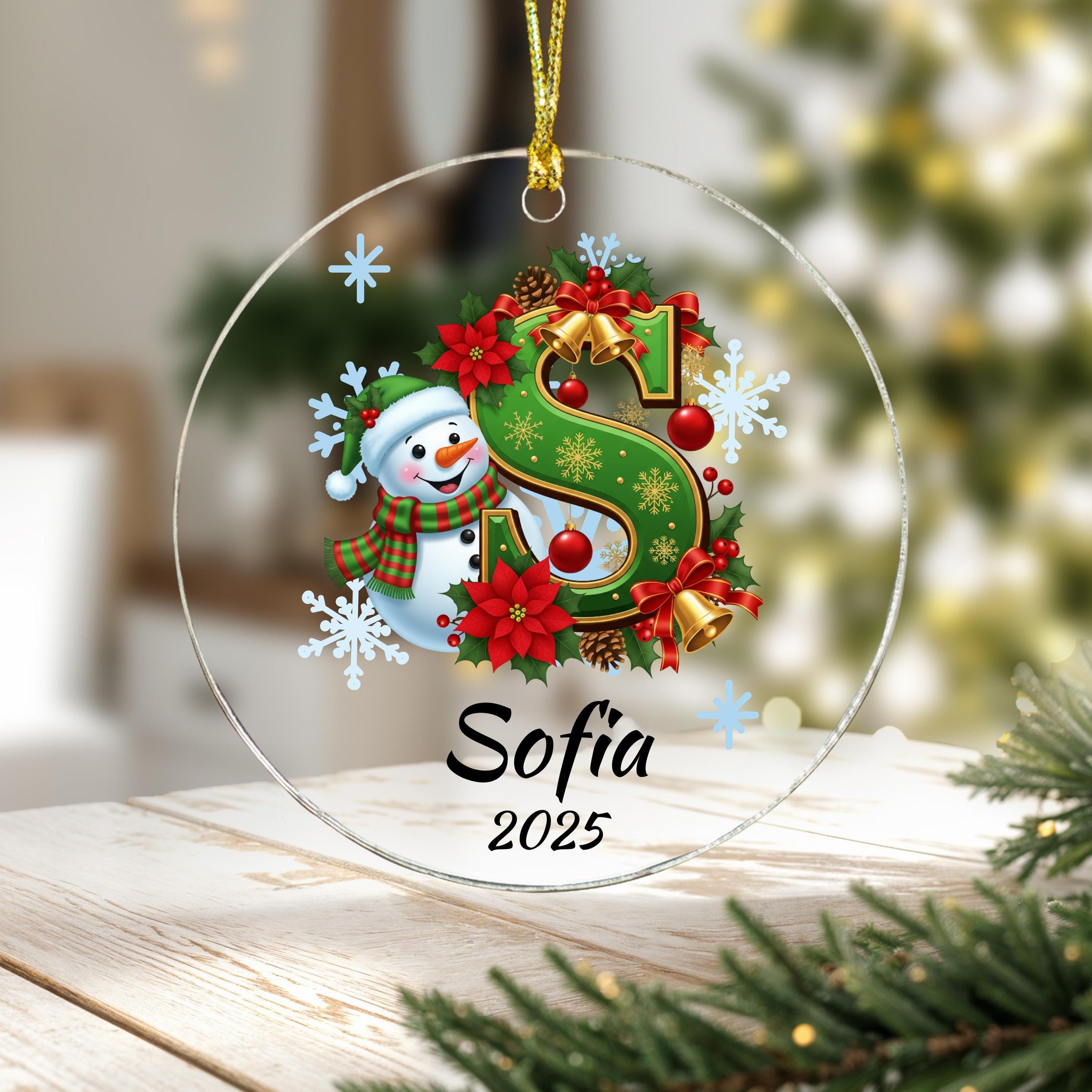Personalized Snow man Flower Initial Christmas Ornament: Custom Letter Keepsake with name, Kids Name Initial Letter Xmas gifts - image 4