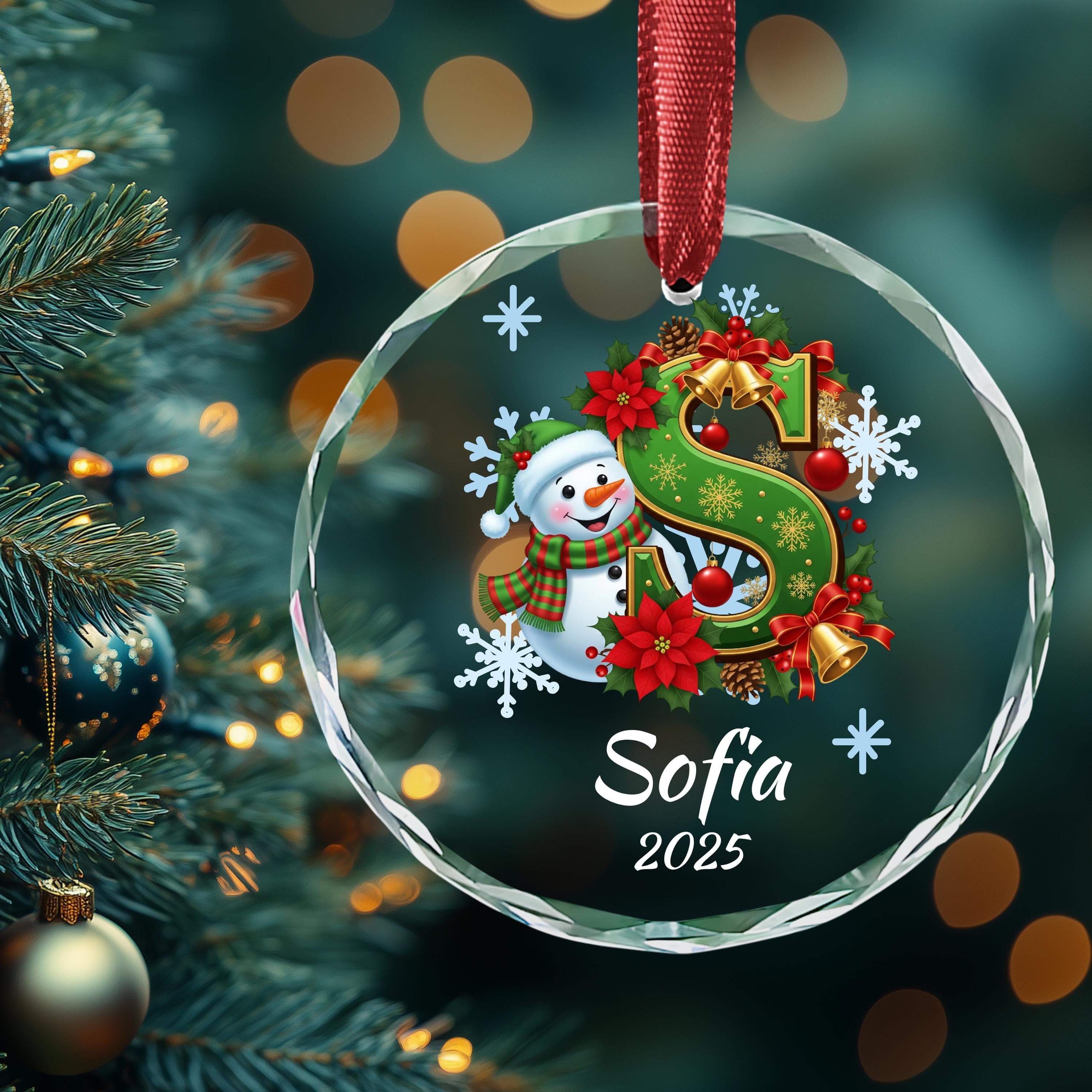 Personalized Snow man Flower Initial Christmas Ornament: Custom Letter Keepsake with name, Kids Name Initial Letter Xmas gifts - image 5
