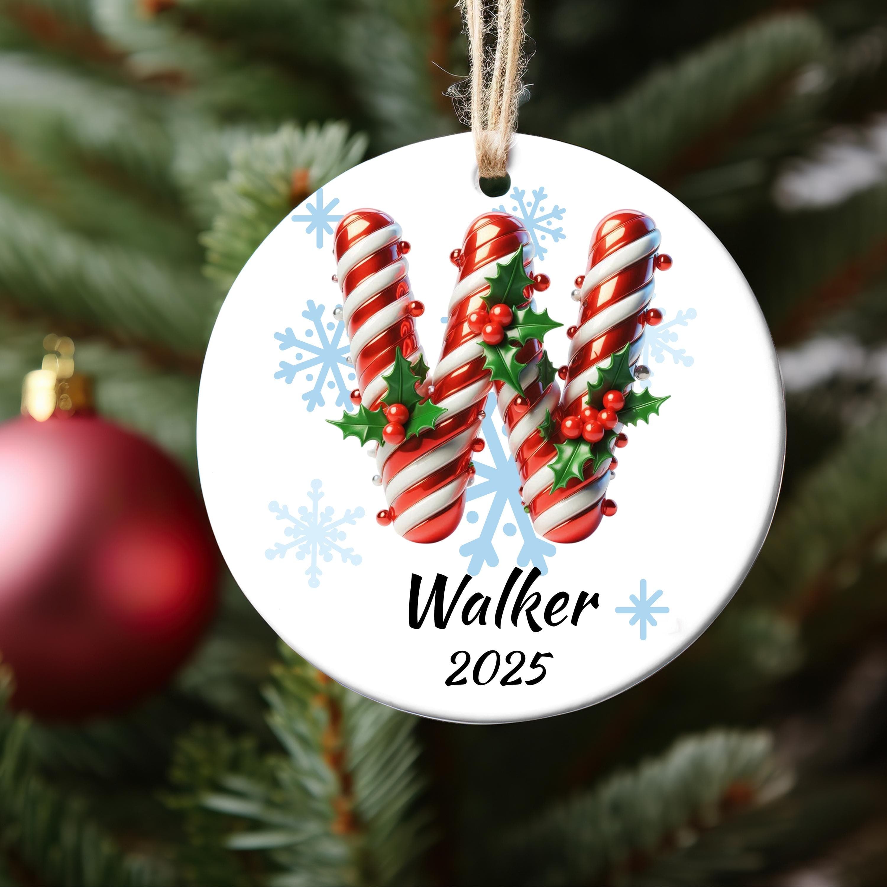Personalized Candy Initial Christmas Ornament: Custom Letter Keepsake with name, Kids Name Monogram Xmas gifts