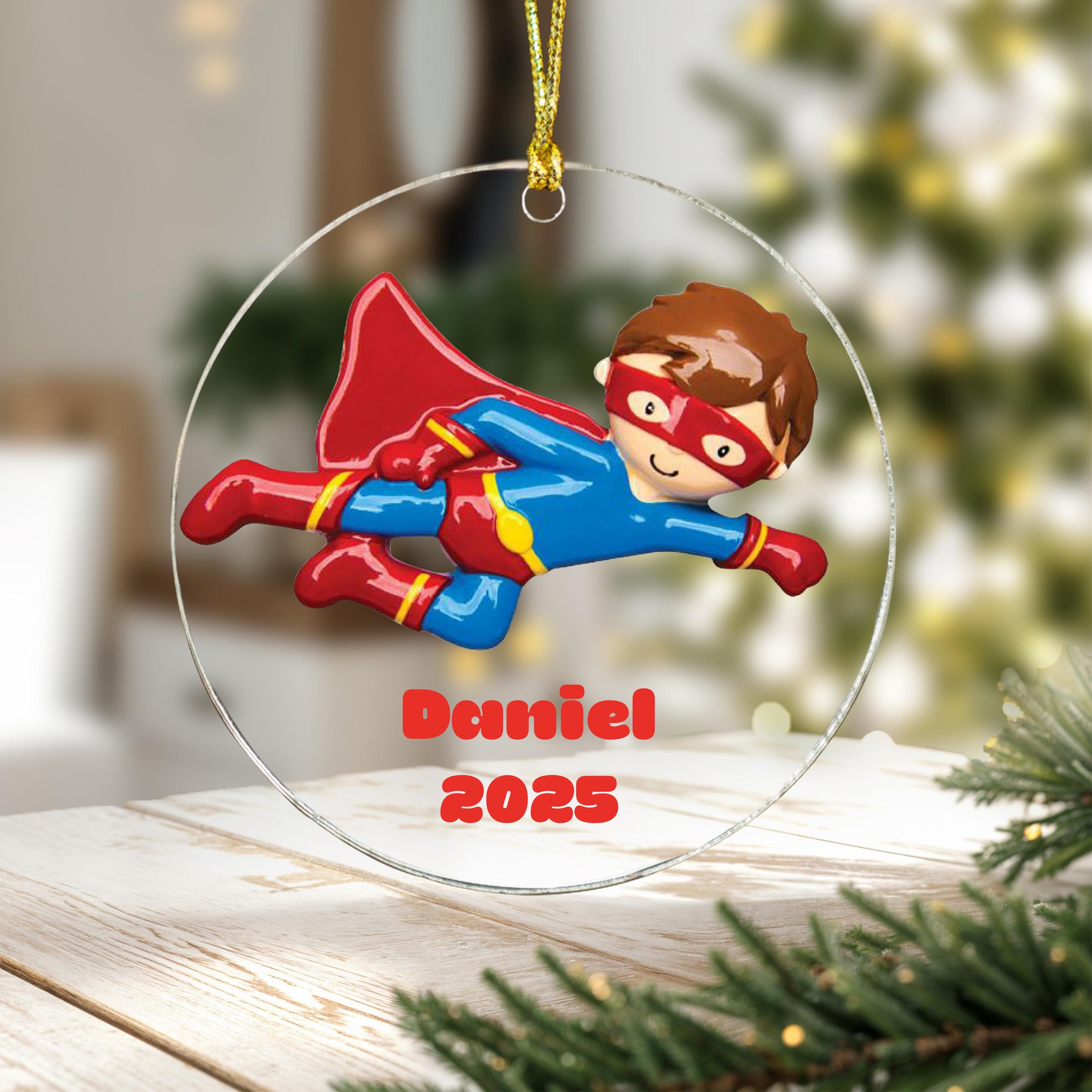 Super Hero Boy Christmas Tree Ornament Personalized Writing Super Hero Wonder Red Cape Mask 2025 Best Kids Child Gifts - image 4