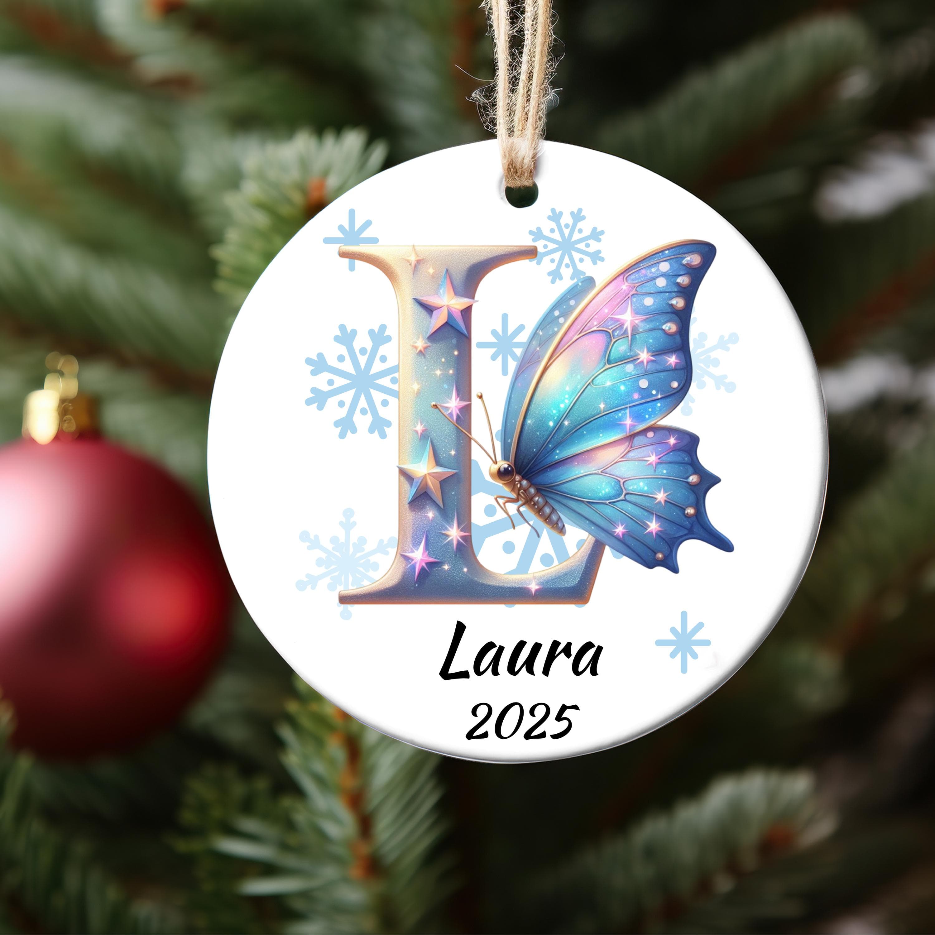 Personalized Butterfly Initial Christmas Ornament: Custom Letter Keepsake with name, Kids Name Initial Letter Xmas gifts