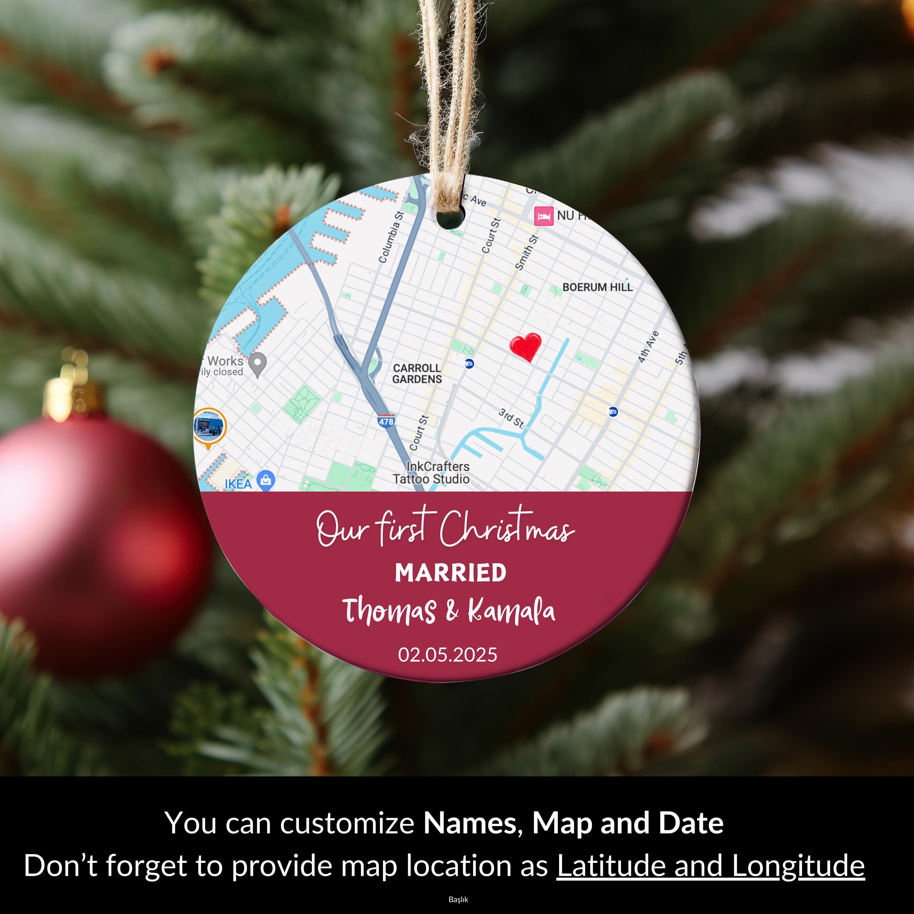 Personalized Ornament Wedding, Married Ornament, Wedding Ornament, Wedding Christmas Ornament 2025, Custom Location Map Wedding Ornament